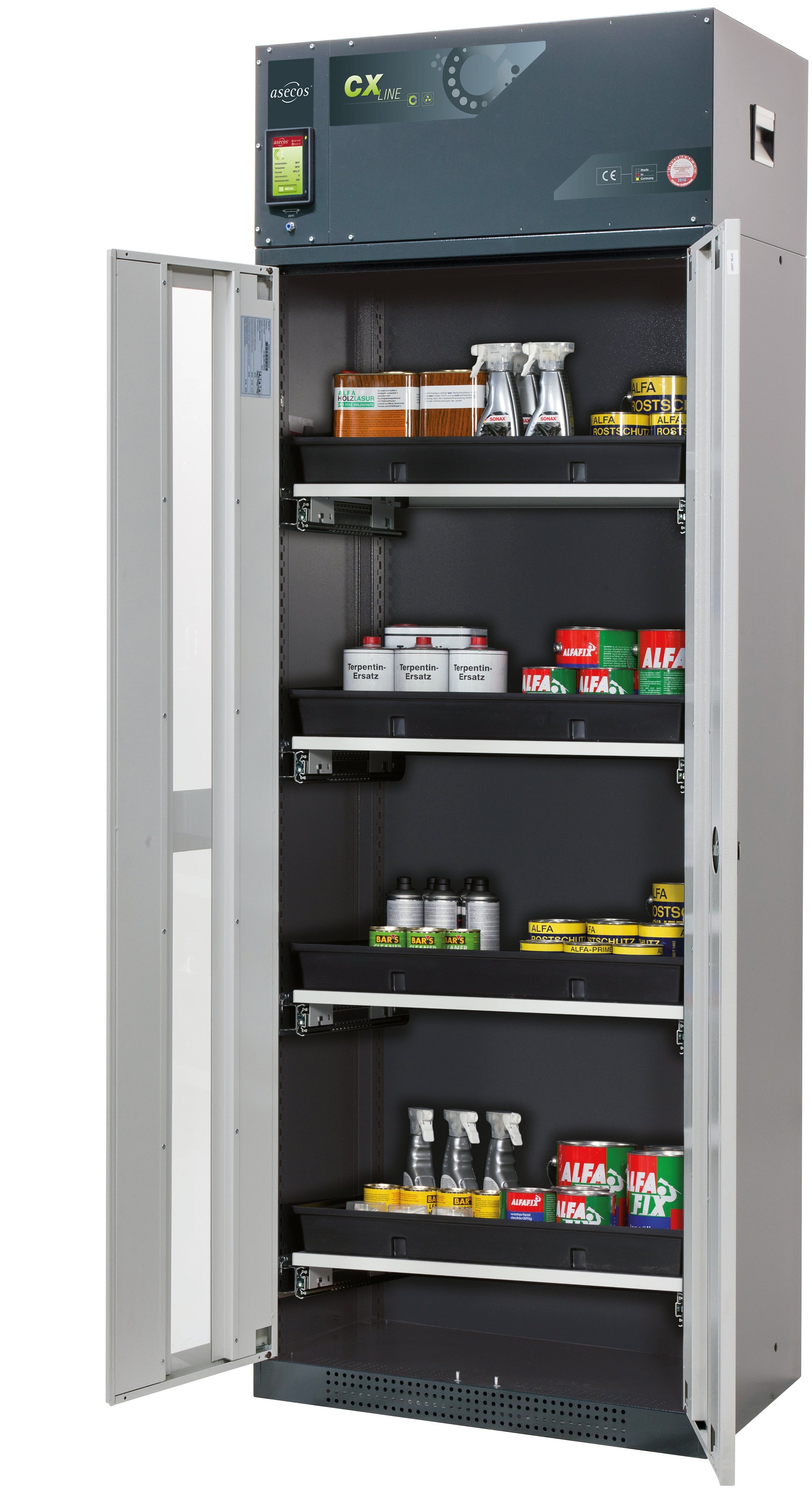 Armoire de filtration d'air à circulation d'air CX-CLASSIC-G modèle CX.229.081.WDFW en gris clair RAL 7035 avec 4 tiroirs coulissants AbZ (tôle d'acier/polypropylène)