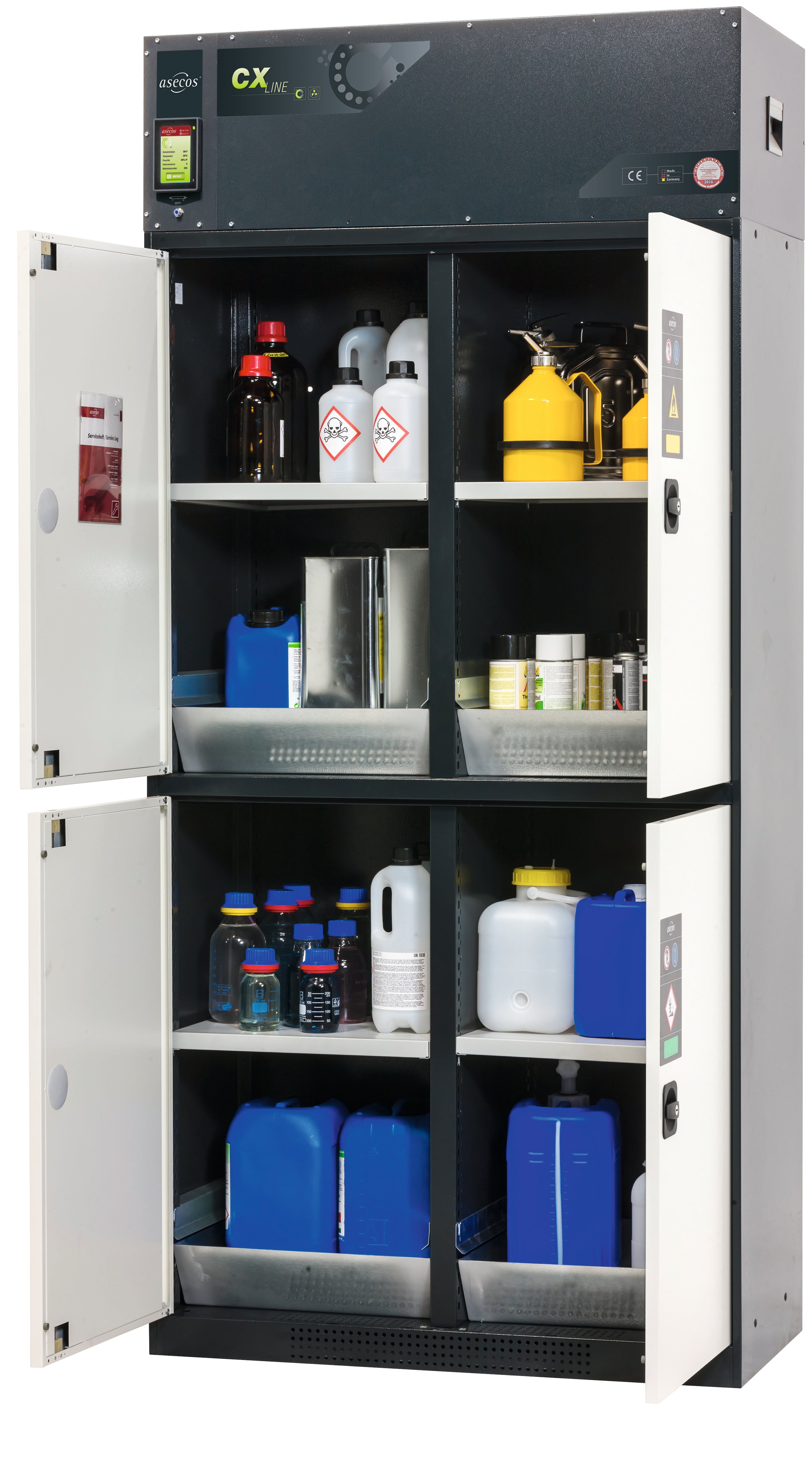 Armoire de filtration d'air à circulation CX-CLASSIC-MultiRisk modèle CX.229.105.MM.4WD en blanc pur RAL 9010 avec 4x étagères standard (tôle d'acier)