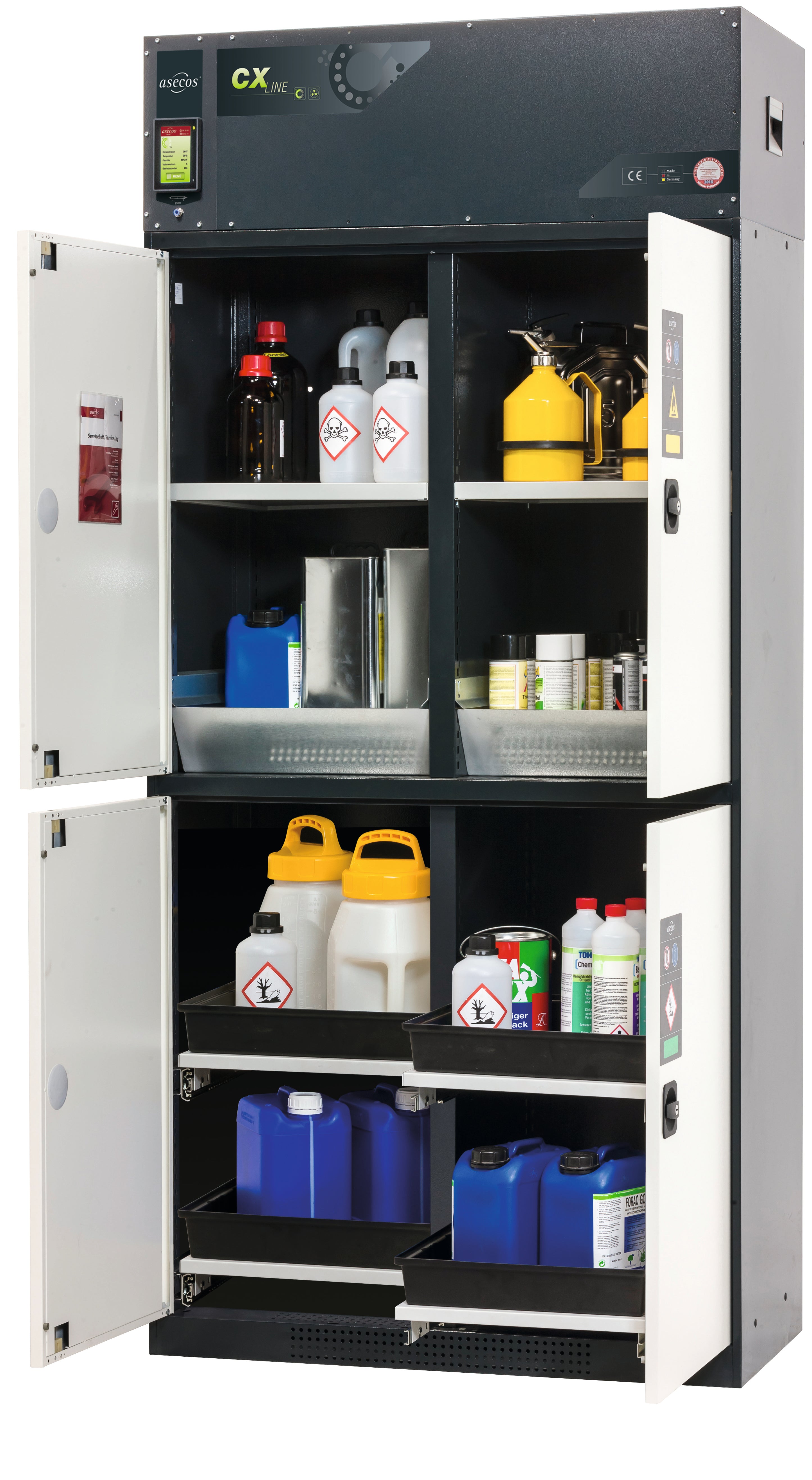 Armoire de filtration d'air à circulation CX-CLASSIC-MultiRisk modèle CX.229.105.MM.4WD en blanc pur RAL 9010 avec 2x étagères standard (tôle d'acier)