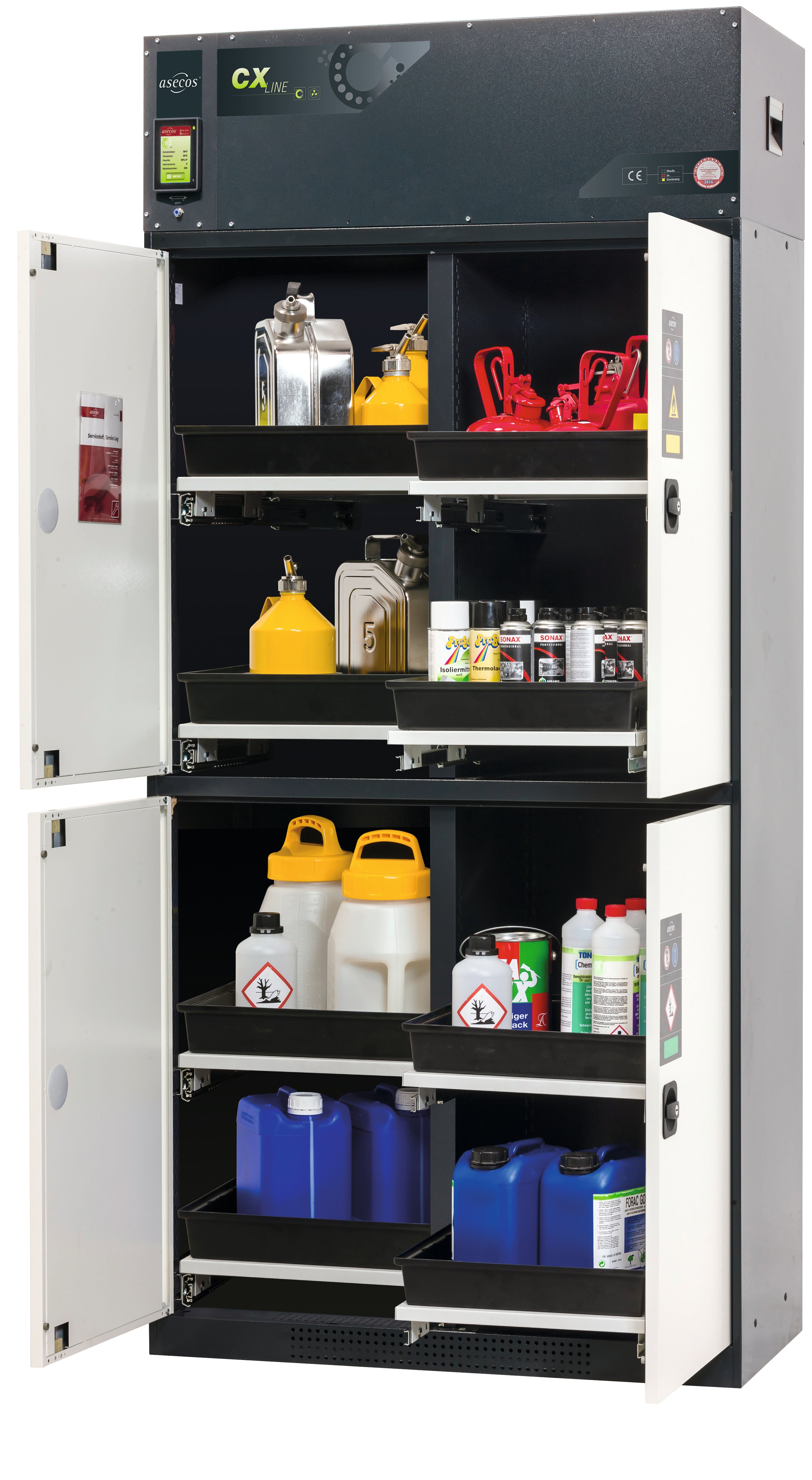 Armoire de filtration d'air à circulation CX-CLASSIC-MultiRisk modèle CX.229.105.MM.4WD en blanc pur RAL 9010 avec 8 étagères coulissantes (tôle d'acier/polypropylène)