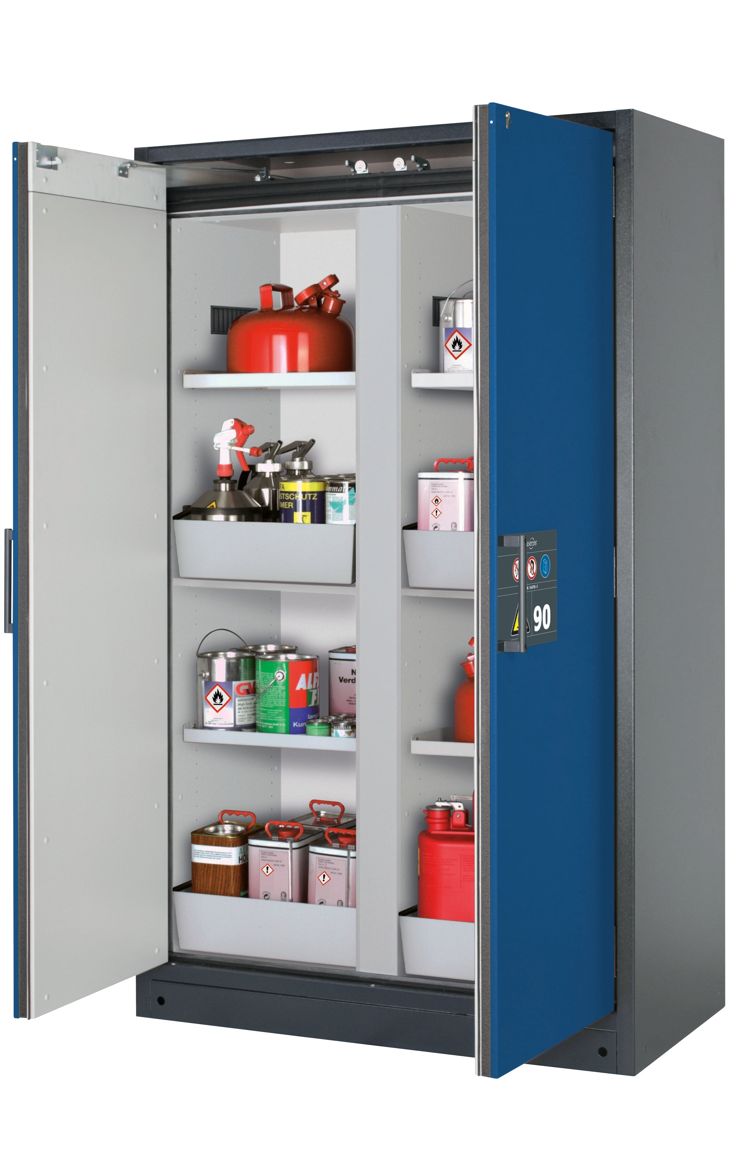 Armoire de sécurité type 90 Q-CLASSIC-90 modèle Q90.195.120.MM en bleu gentiane RAL 5010 avec 4x étagères standard (tôle d'acier)
