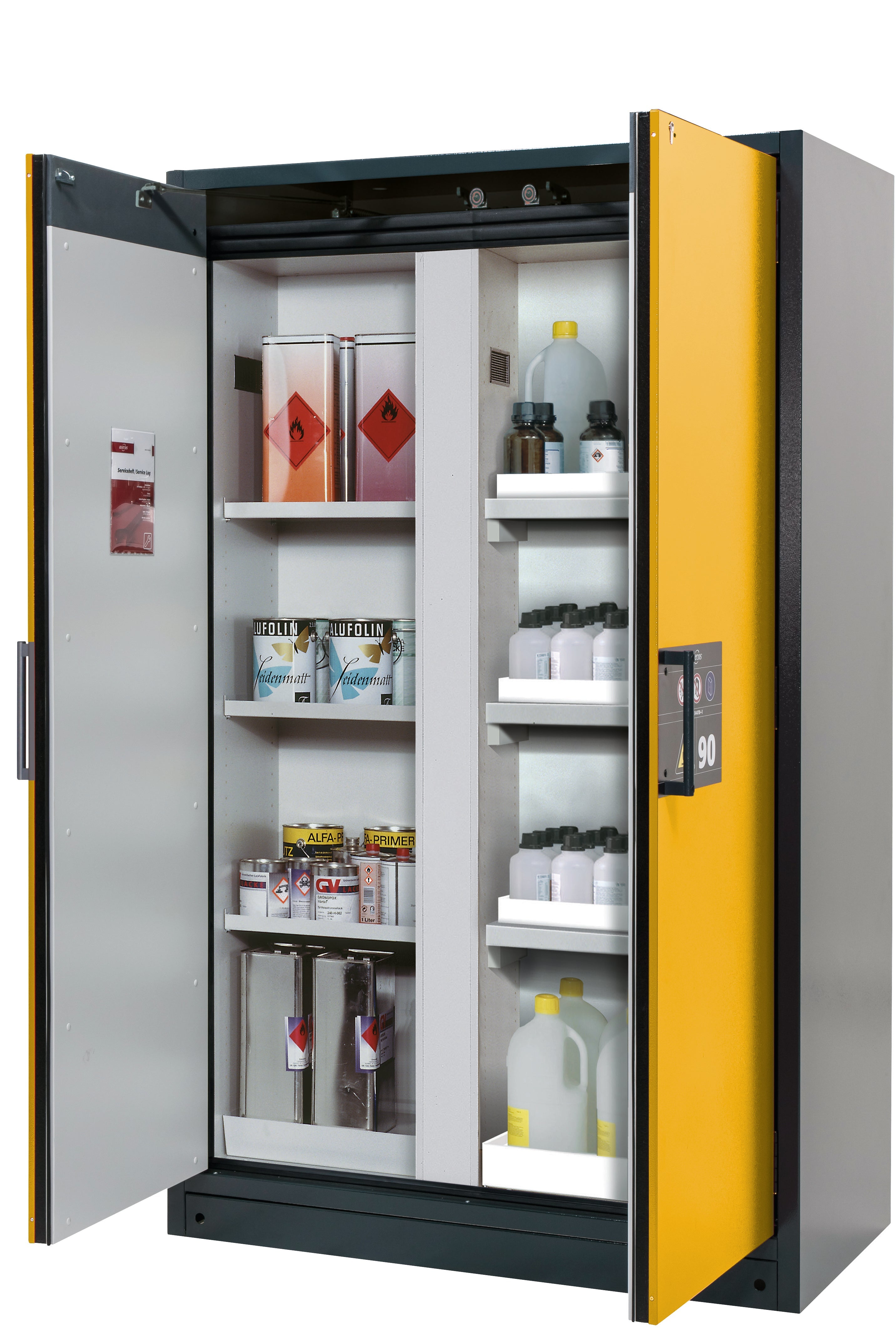 Type 90 safety cabinet Q-CLASSIC-90 model Q90.195.120.MV in safety yellow RAL 1004 with 3x standard shelves (sheet steel)