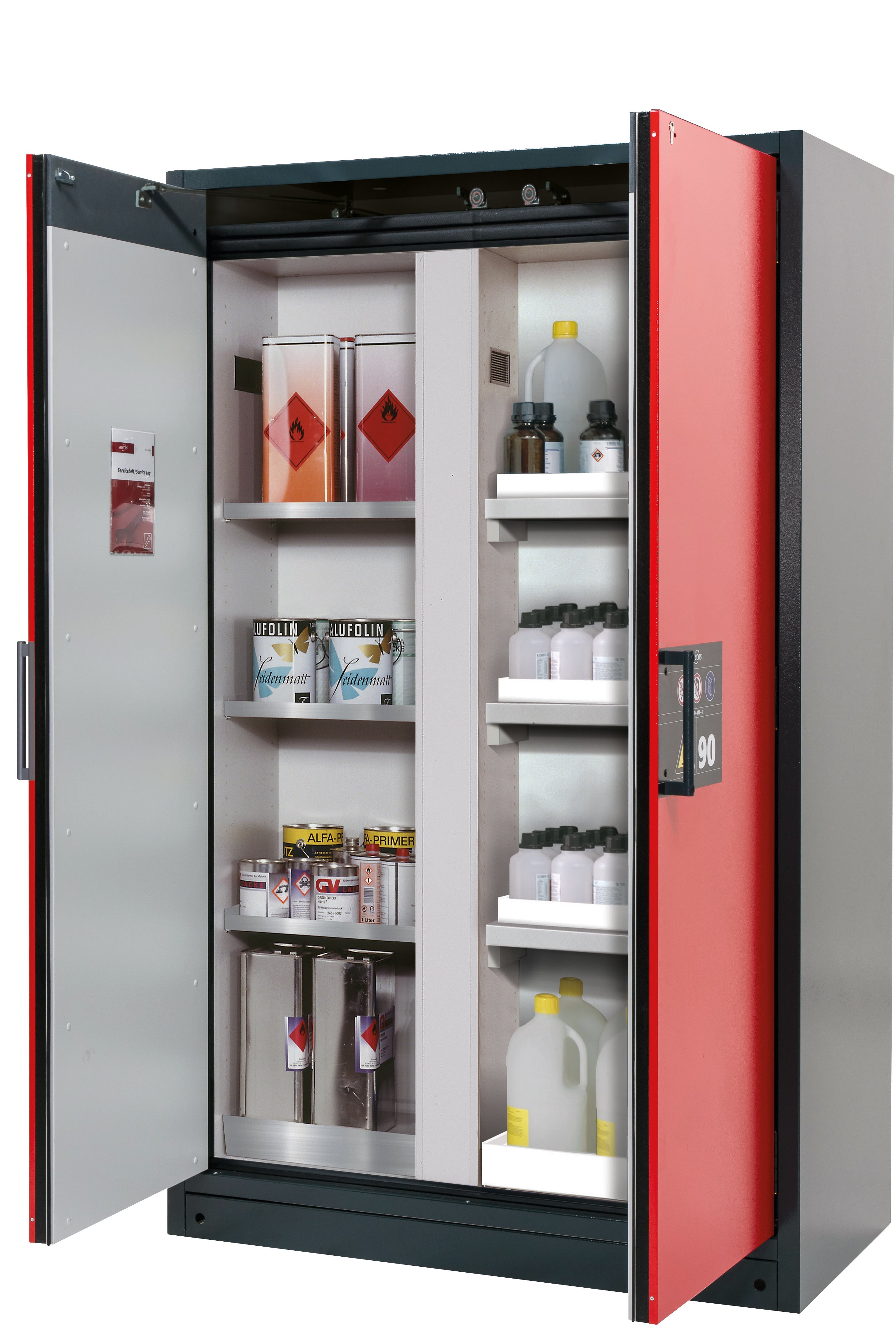 Armoire de sécurité type 90 Q-CLASSIC-90 modèle Q90.195.120.MV en rouge signalisation RAL 3020 avec 3 étagères standard (acier inoxydable 1.4301)