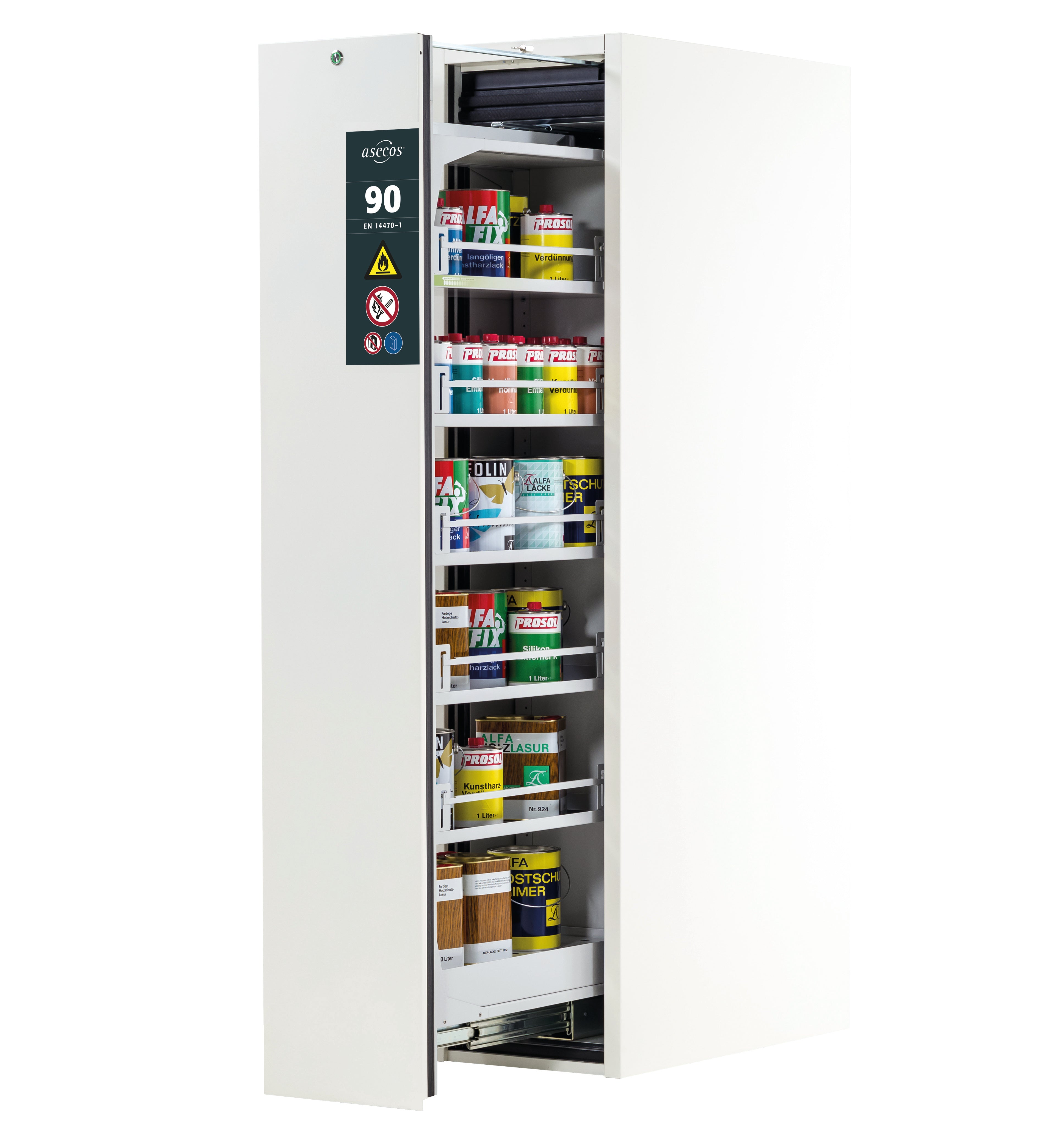 Armoire de sécurité type 90 V-MOVE-90 modèle V90.196.045.VDAC:0012 en blanc de laboratoire (similaire à RAL 9016) avec 5 étagères standard (tôle d'acier)