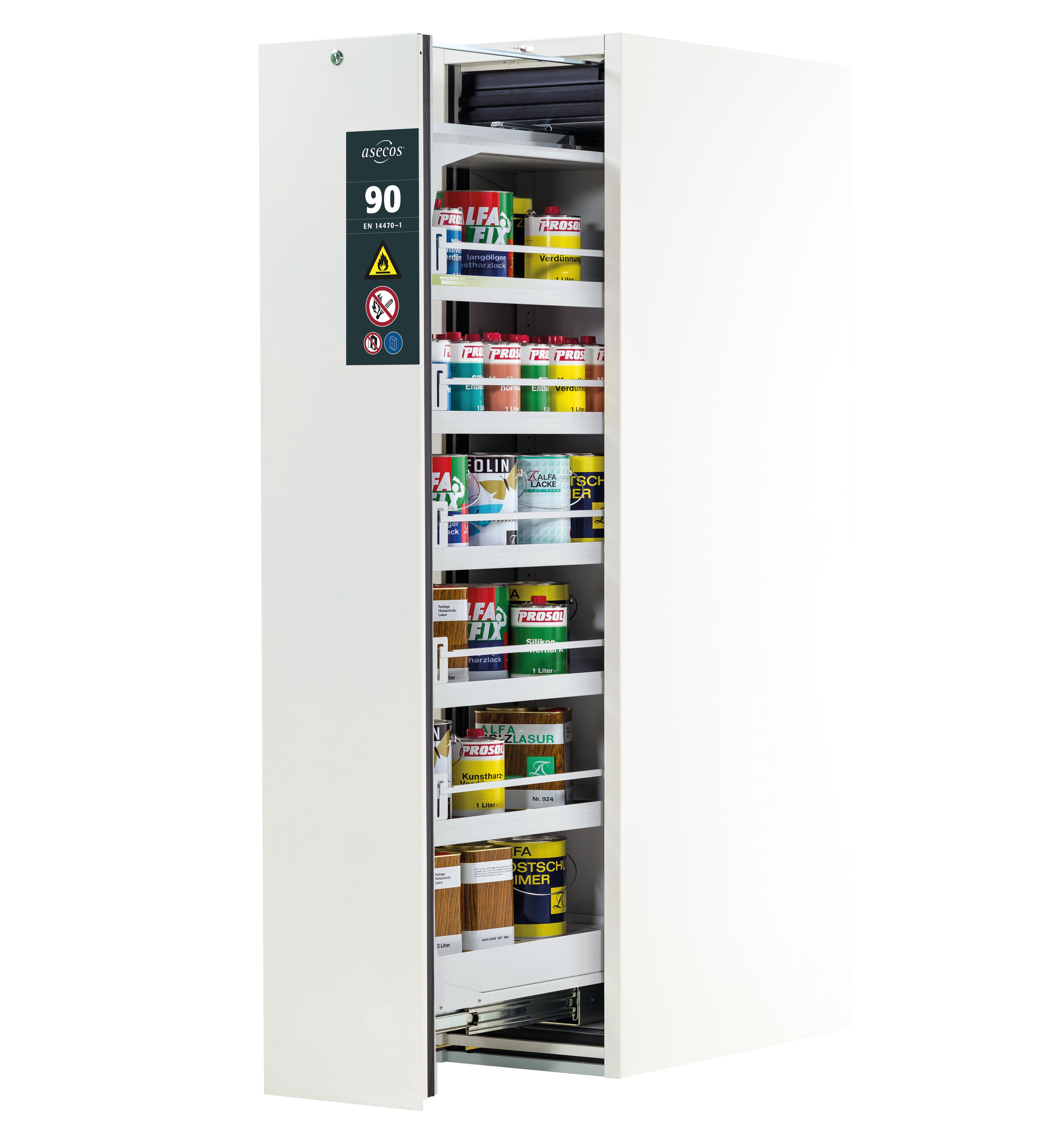 Armoire de sécurité type 90 V-MOVE-90 modèle V90.196.045.VDAC:0012 en blanc de laboratoire (similaire à RAL 9016) avec 5x pieds de plateau standard (tôle d'acier)