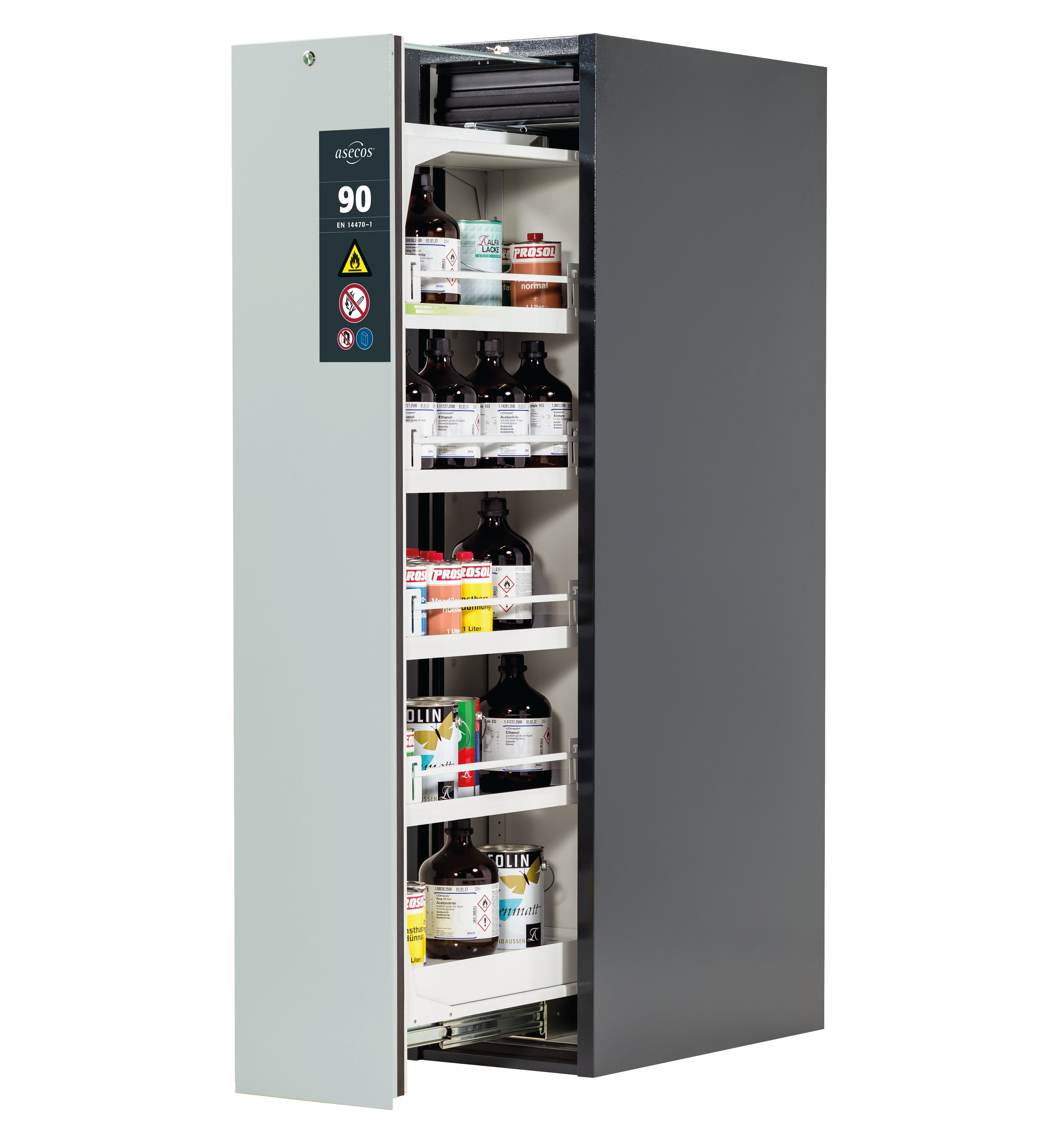 Armoire de sécurité type 90 V-MOVE-90 modèle V90.196.045.VDAC:0013 en gris clair RAL 7035 avec 4x base à plateau standard (tôle d'acier)