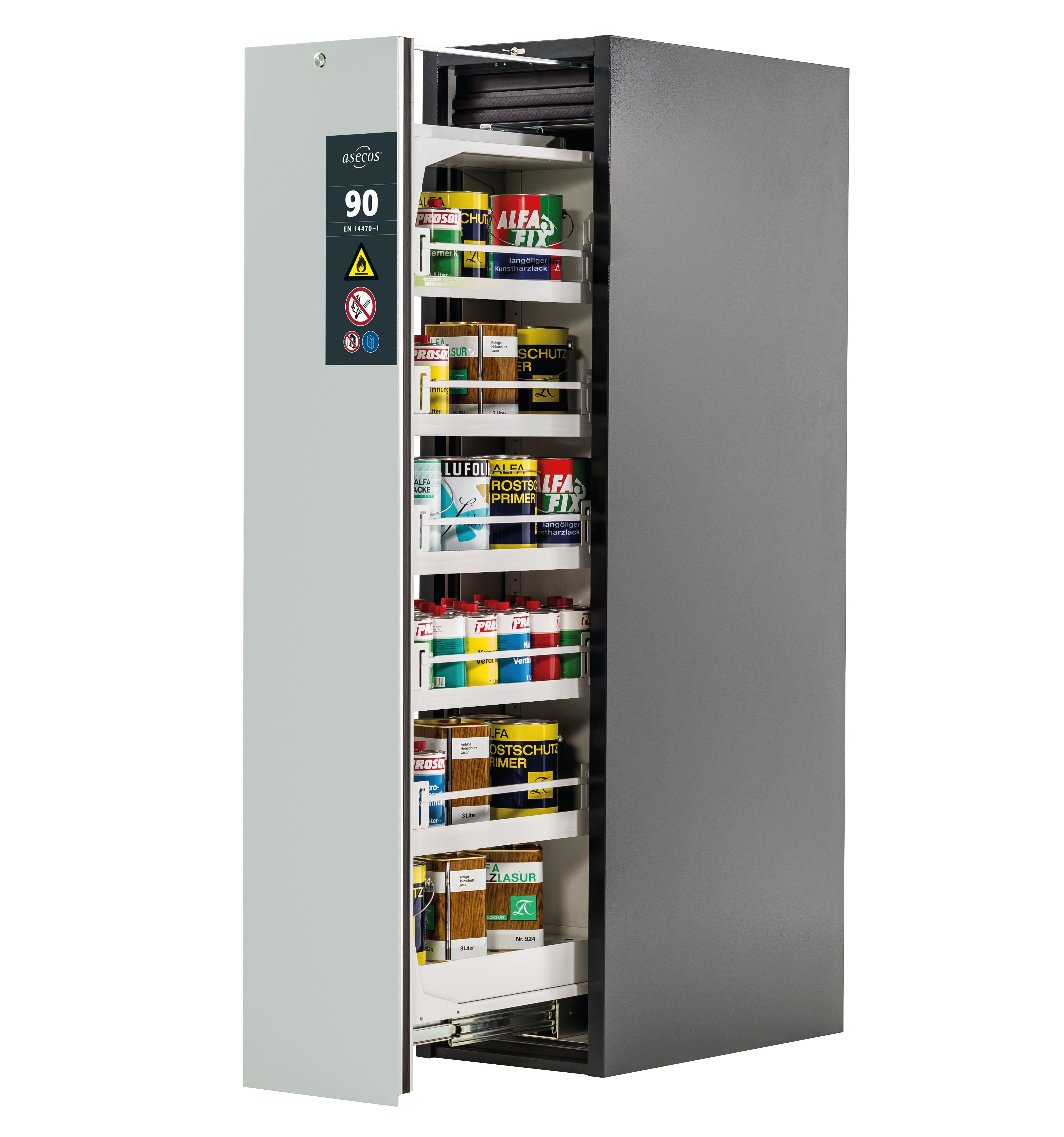 Armoire de sécurité type 90 V-MOVE-90 modèle V90.196.045.VDAC:0013 en gris clair RAL 7035 avec 5x base à plateau standard (tôle d'acier)