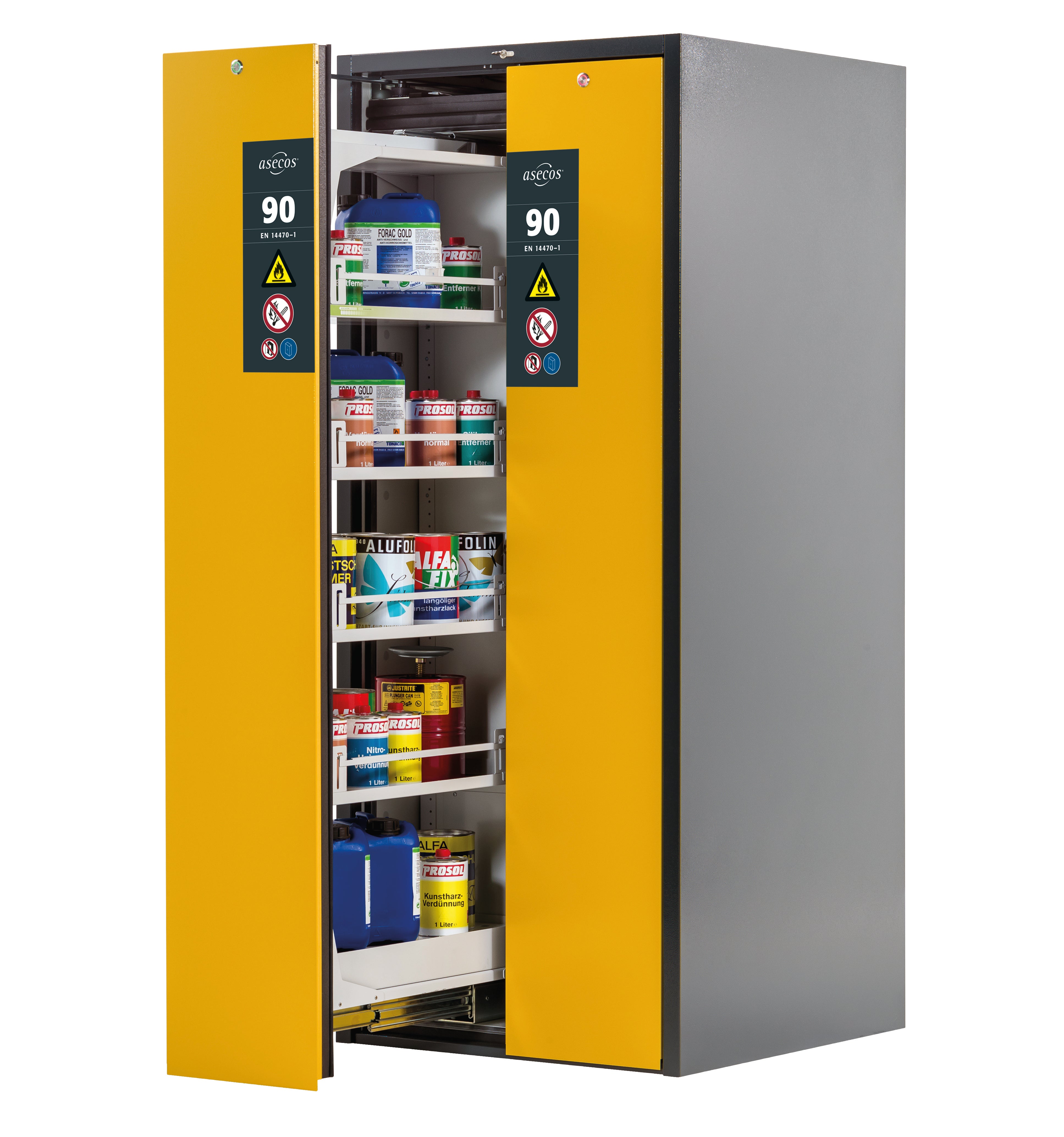 Typ 90 Sicherheitsschrank V-MOVE-90 Modell V90.196.081.VDAC:0013 in sicherheitsgelb RAL 1004 mit 4x Fachboden Standard (Stahlblech)