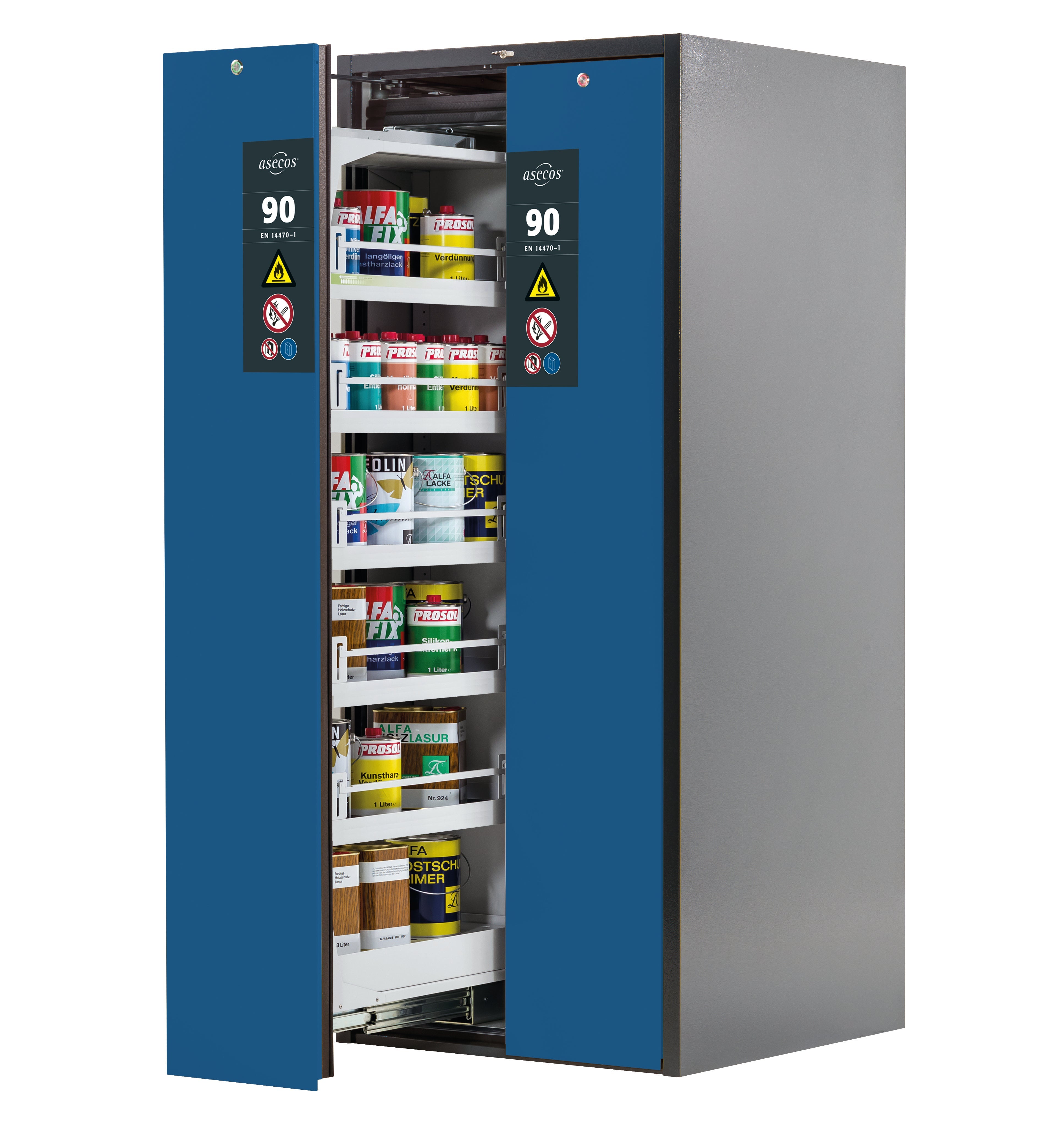 Typ 90 Sicherheitsschrank V-MOVE-90 Modell V90.196.081.VDAC:0013 in enzianblau RAL 5010 mit 5x Wannenboden Standard (Stahlblech)