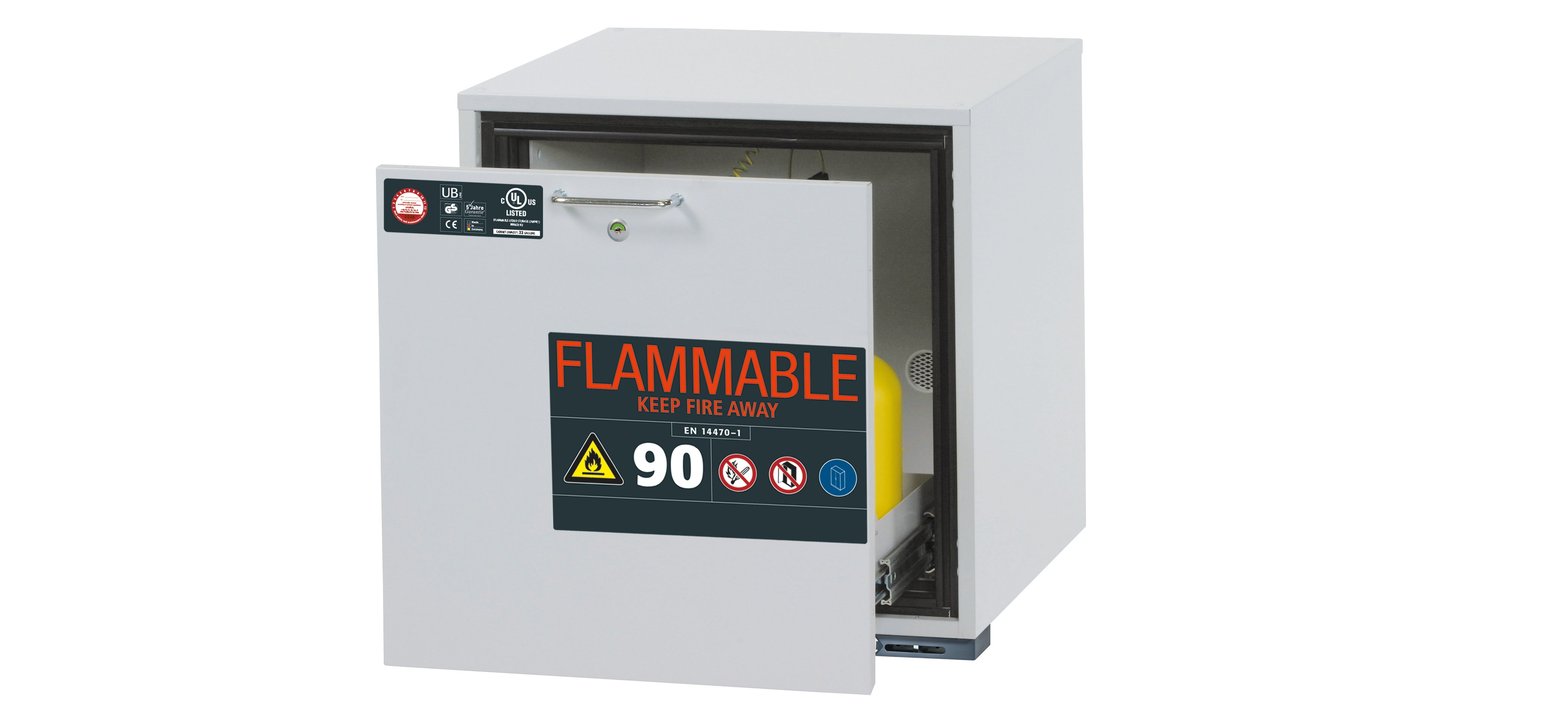 Type 90 safety base cabinet UB-S-90 model UB90.060.059.050.UL.S in light gray RAL 7035 with 1x drawer tray STAWA-R (sheet steel)