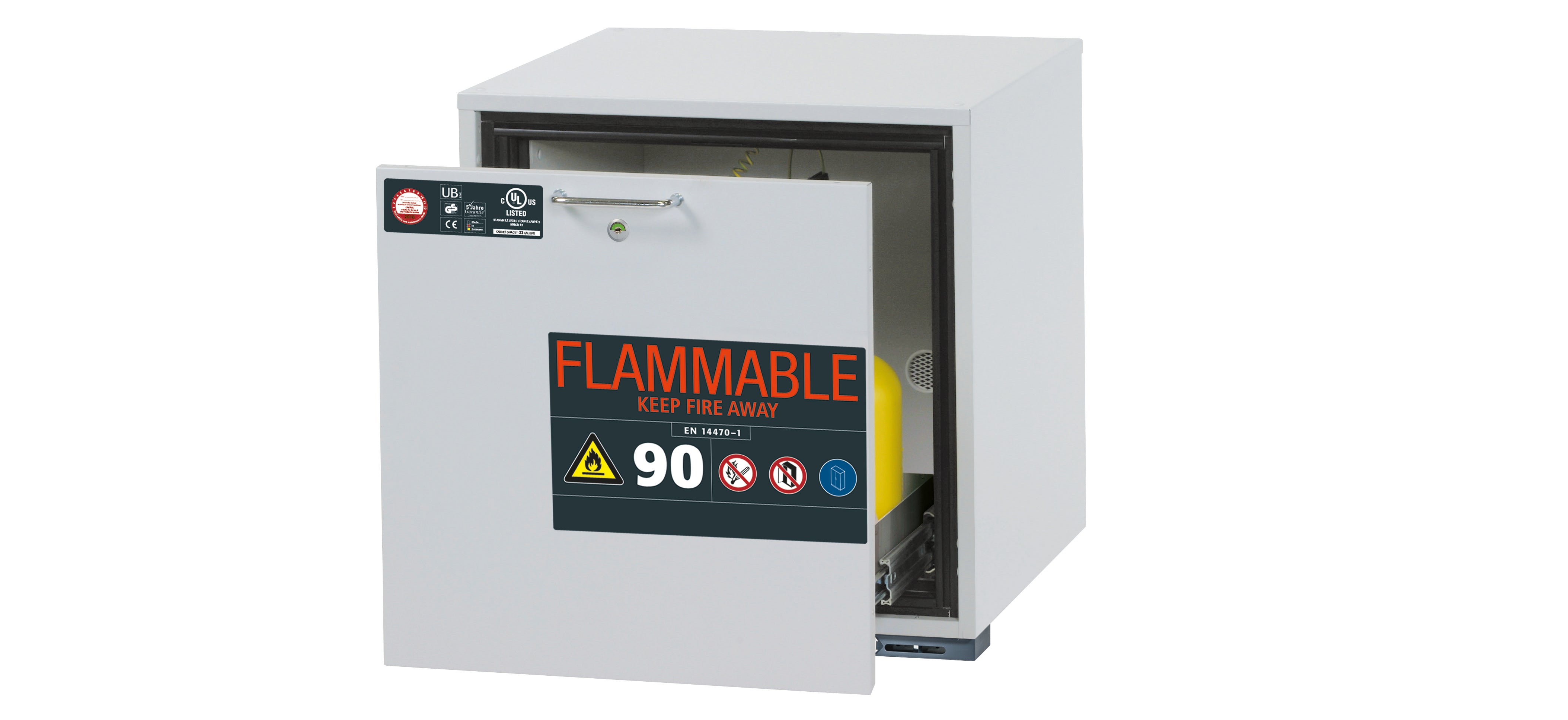 Type 90 safety base cabinet UB-S-90 model UB90.060.059.UL.S in light gray RAL 7035 with 1x drawer tray STAWA-R (stainless steel 1.4301)