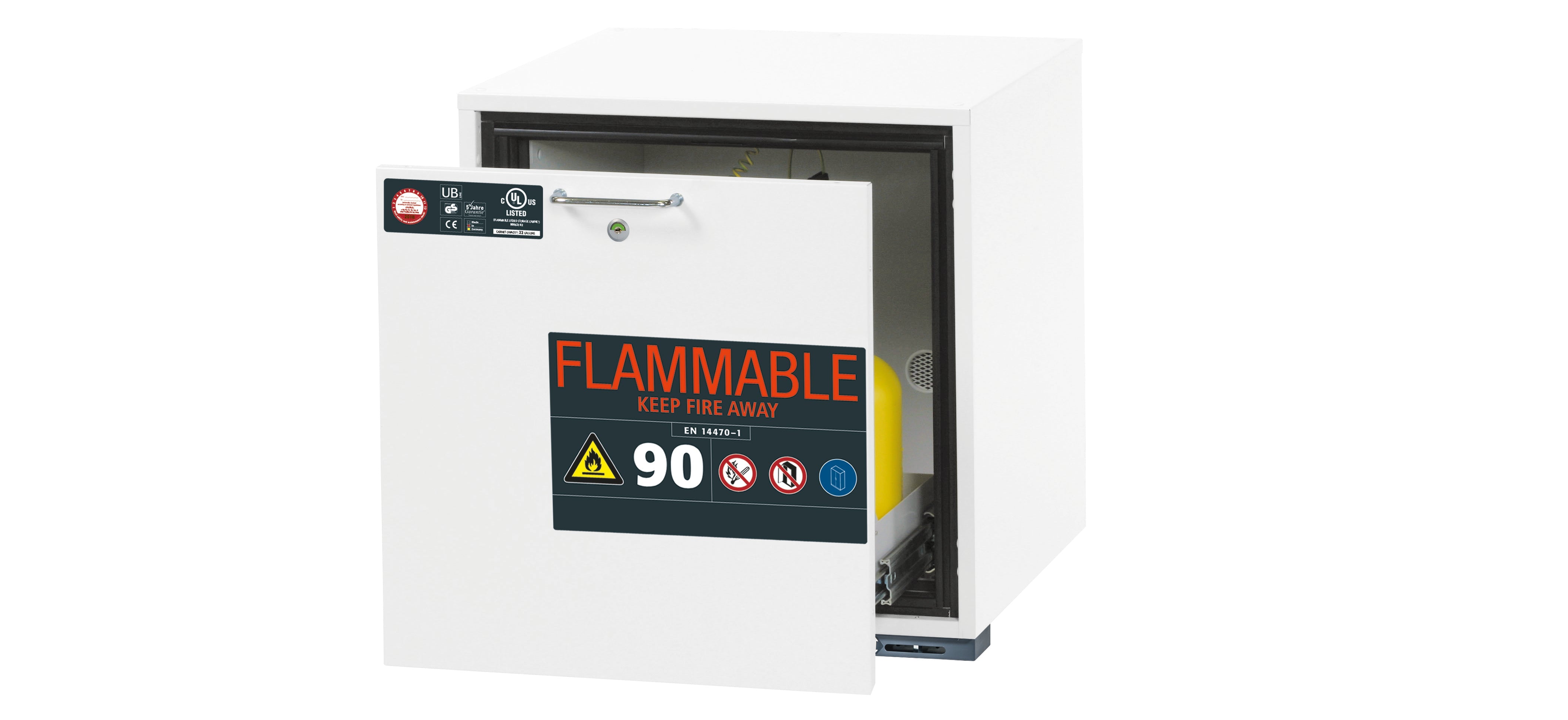 Armoire inférieure de sécurité type 90 UB-S-90 modèle UB90.060.059.UL.S en blanc de laboratoire (similaire à RAL 9016) avec 1x plateau à tiroirs STAWA-R (tôle d'acier)