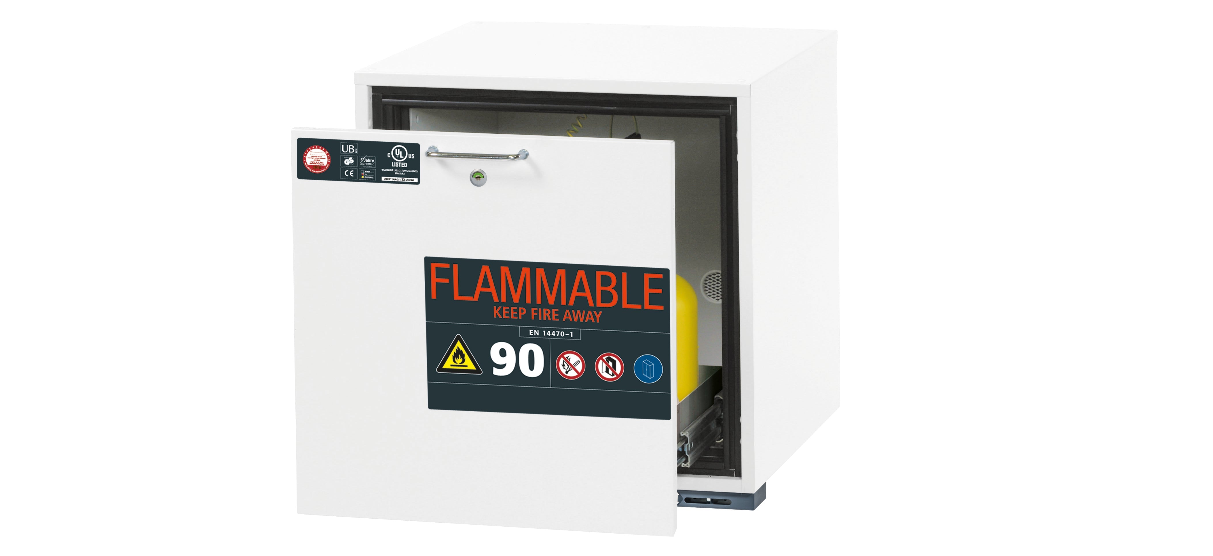 Armoire de base de sécurité type 90 UB-S-90 modèle UB90.060.059.UL.S en blanc de laboratoire (similaire à RAL 9016) avec 1x plateau à tiroirs STAWA-R (acier inoxydable 1.4301)