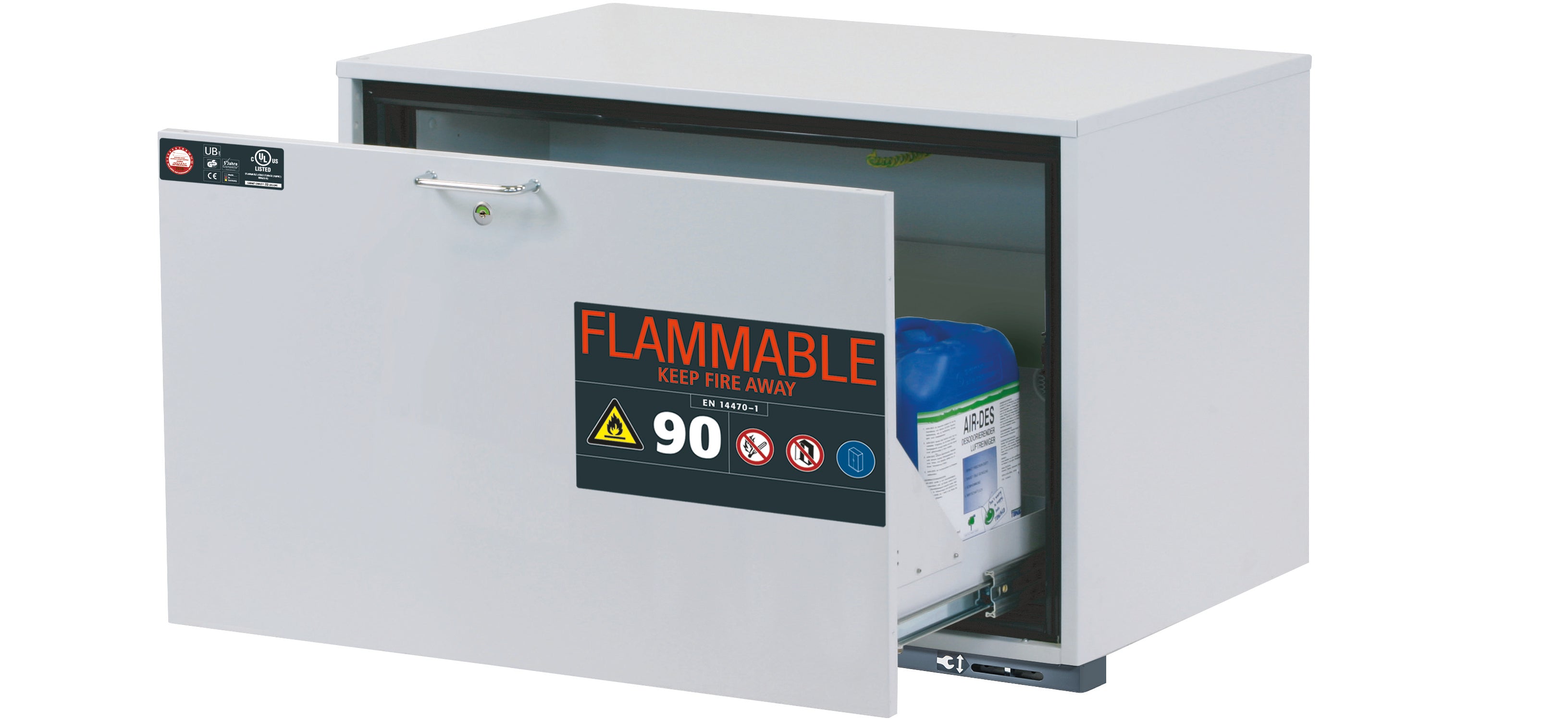 Type 90 safety base cabinet UB-S-90 model UB90.060.089.050.UL.S in light gray RAL 7035 with 1x drawer tray STAWA-R (sheet steel)