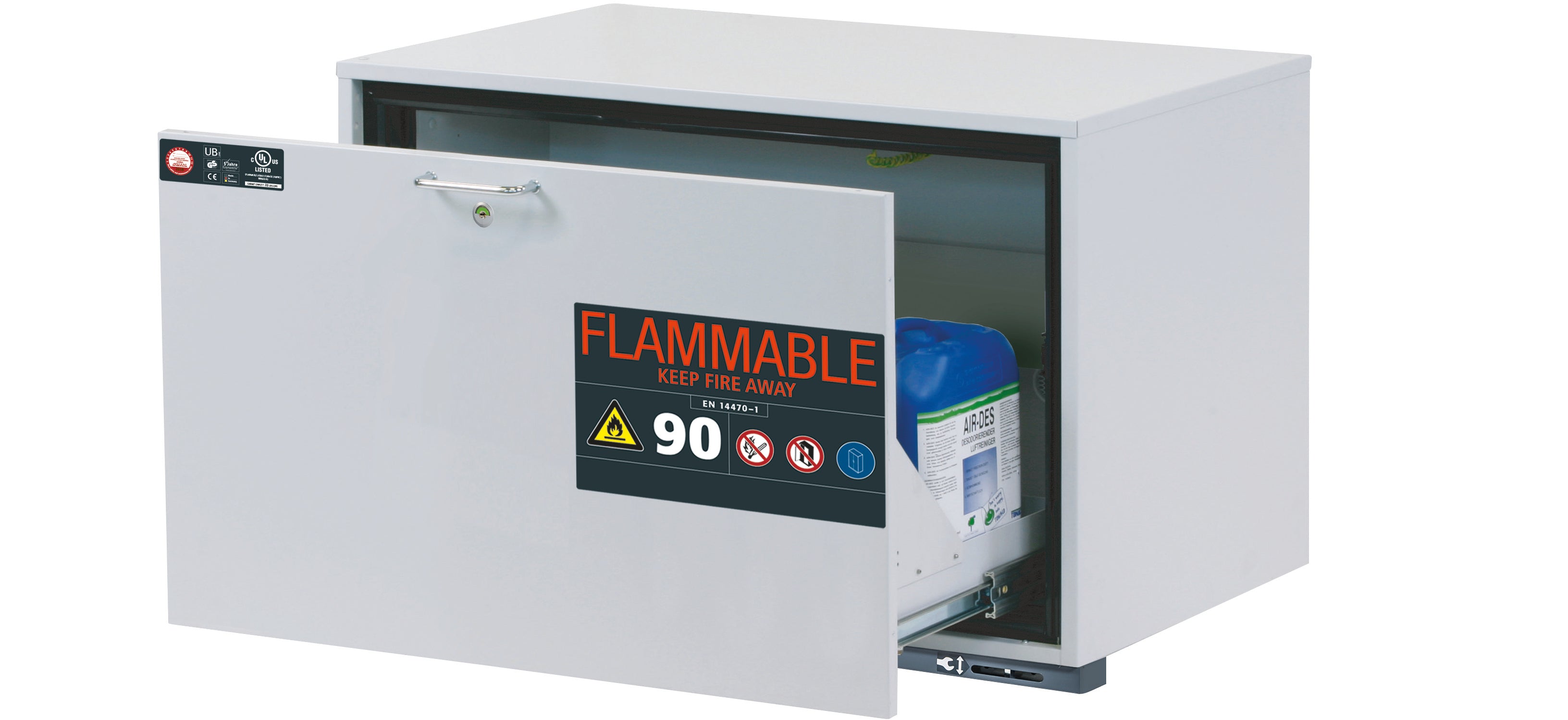 Armoire inférieure de sécurité type 90 UB-S-90 modèle UB90.060.089.UL.S en gris clair RAL 7035 avec 1x plateau à tiroirs STAWA-R (tôle d'acier)