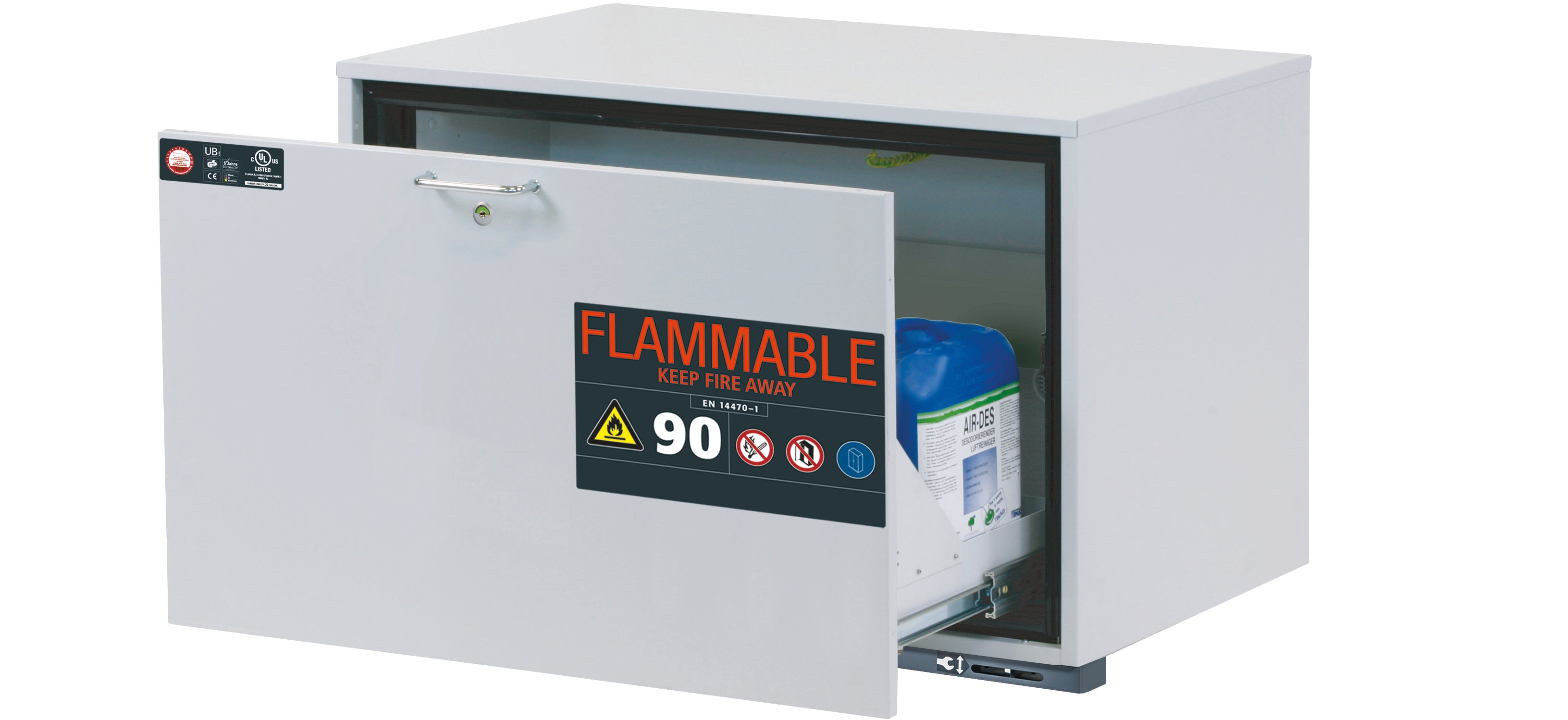 Type 90 safety base cabinet UB-S-90 model UB90.060.089.UL.S in light gray RAL 7035 with 1x drawer tray STAWA-R (sheet steel)