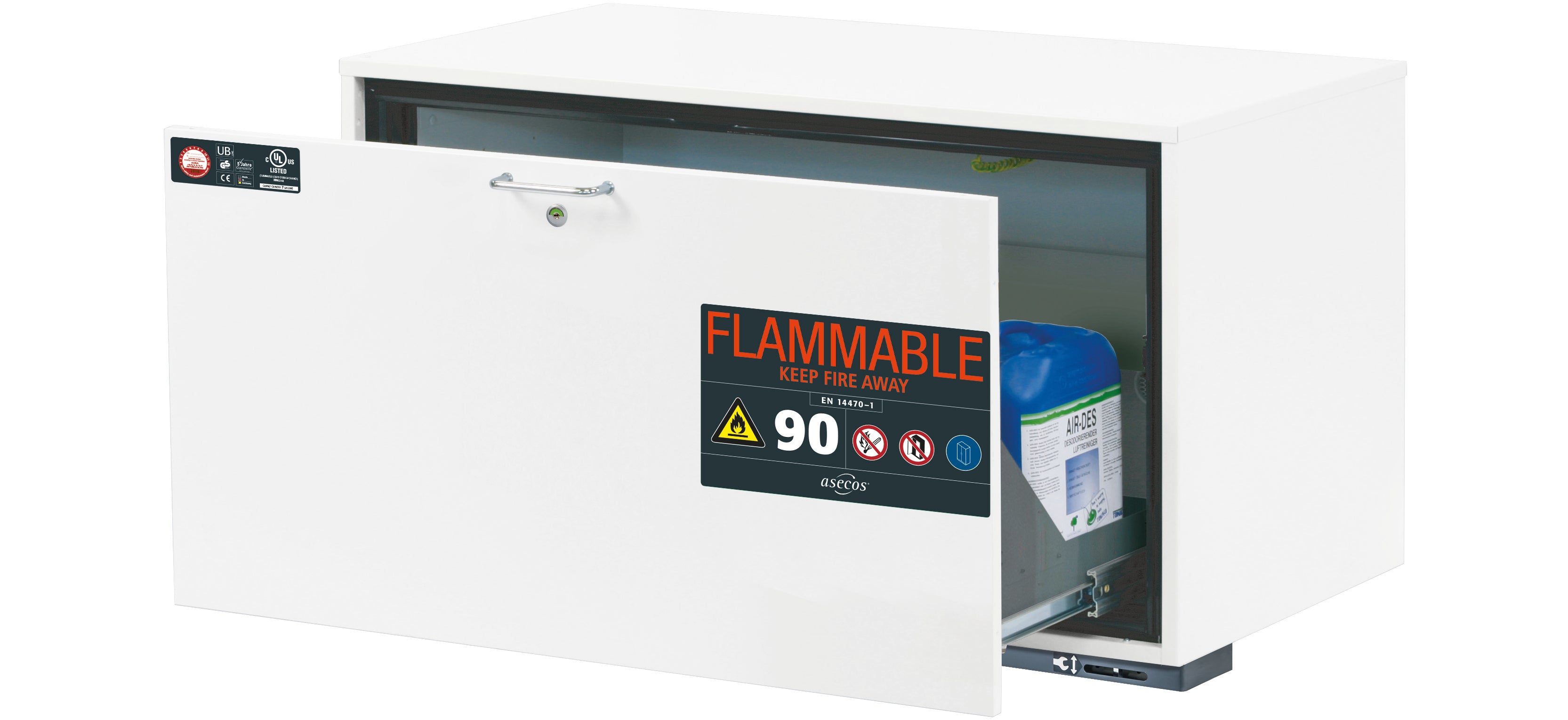 Typ 90 Sicherheitsunterbauschrank UB-S-90 Modell UB90.060.110.UL.S in laborweiss (ähnl. RAL 9016) mit 1x Schubladenwanne STAWA-R (Edelstahl 1.4301)