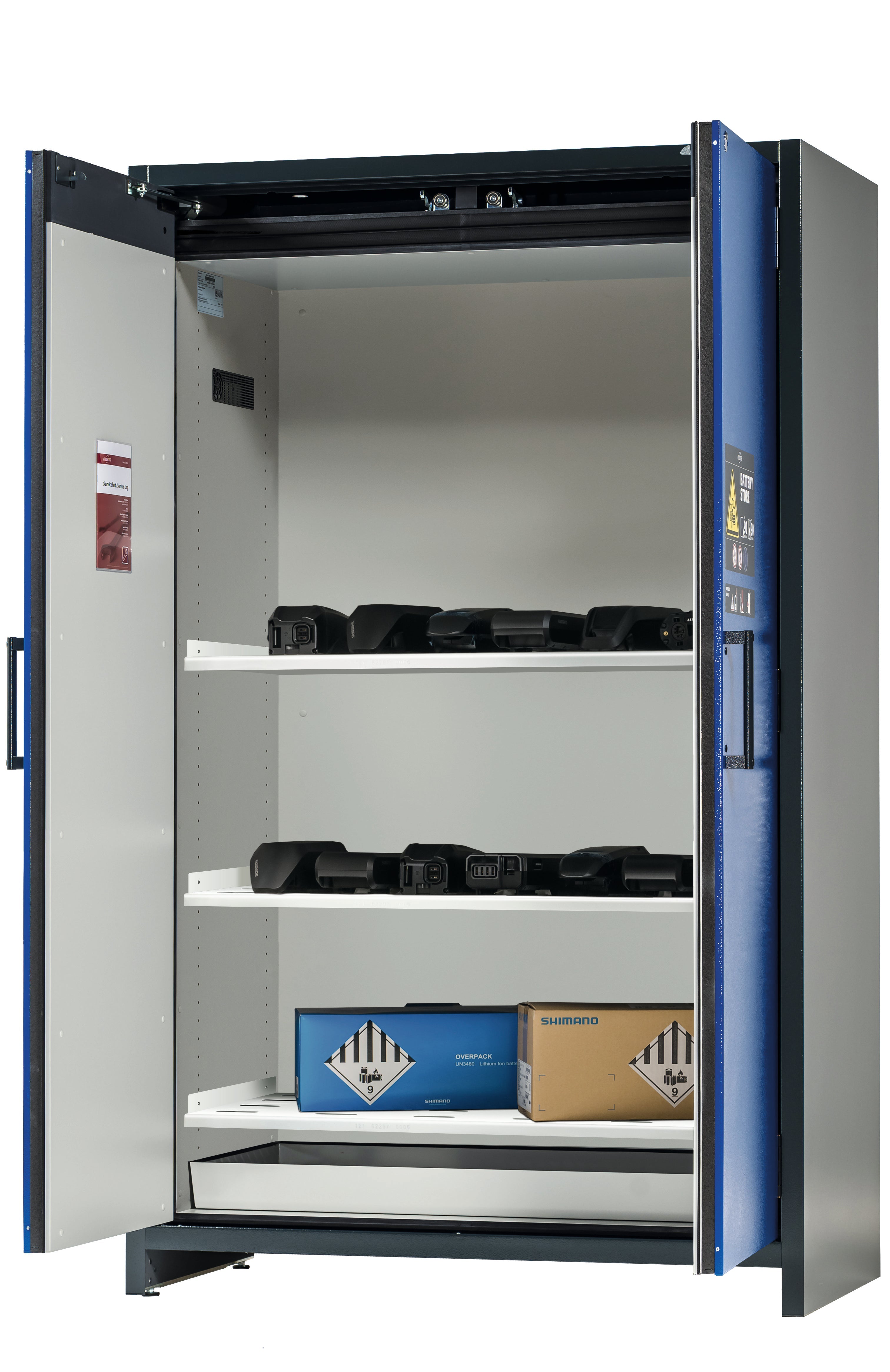 Type 90 BATTERY STORE storage cabinet ION-STORE-90 model IO90.195.120.K1.WDC in gentian blue RAL 5010 with 3x perforated shelves (sheet steel)