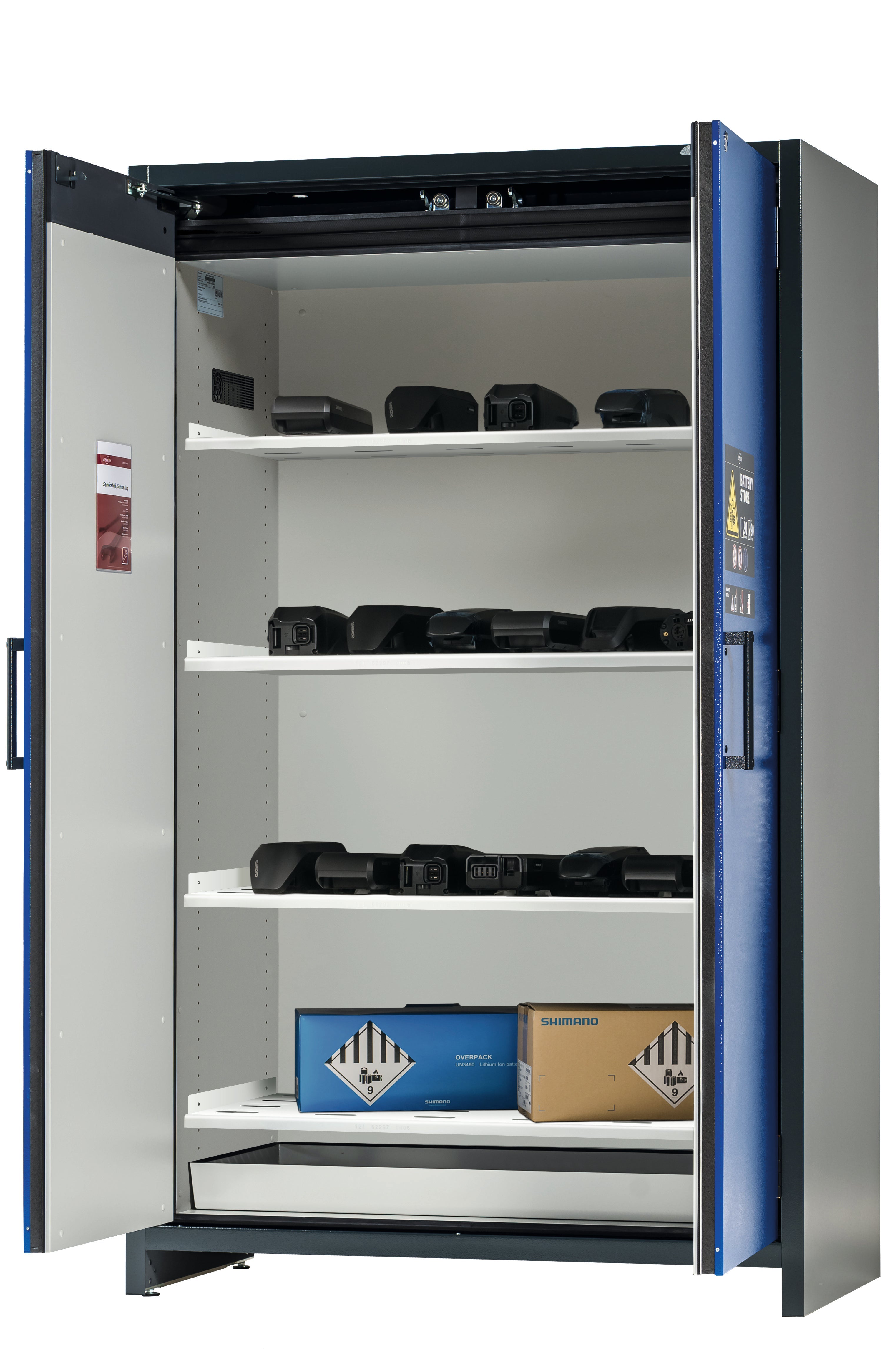 Type 90 BATTERY STORE storage cabinet ION-STORE-90 model IO90.195.120.K1.WDC in gentian blue RAL 5010 with 4x perforated shelves (sheet steel)