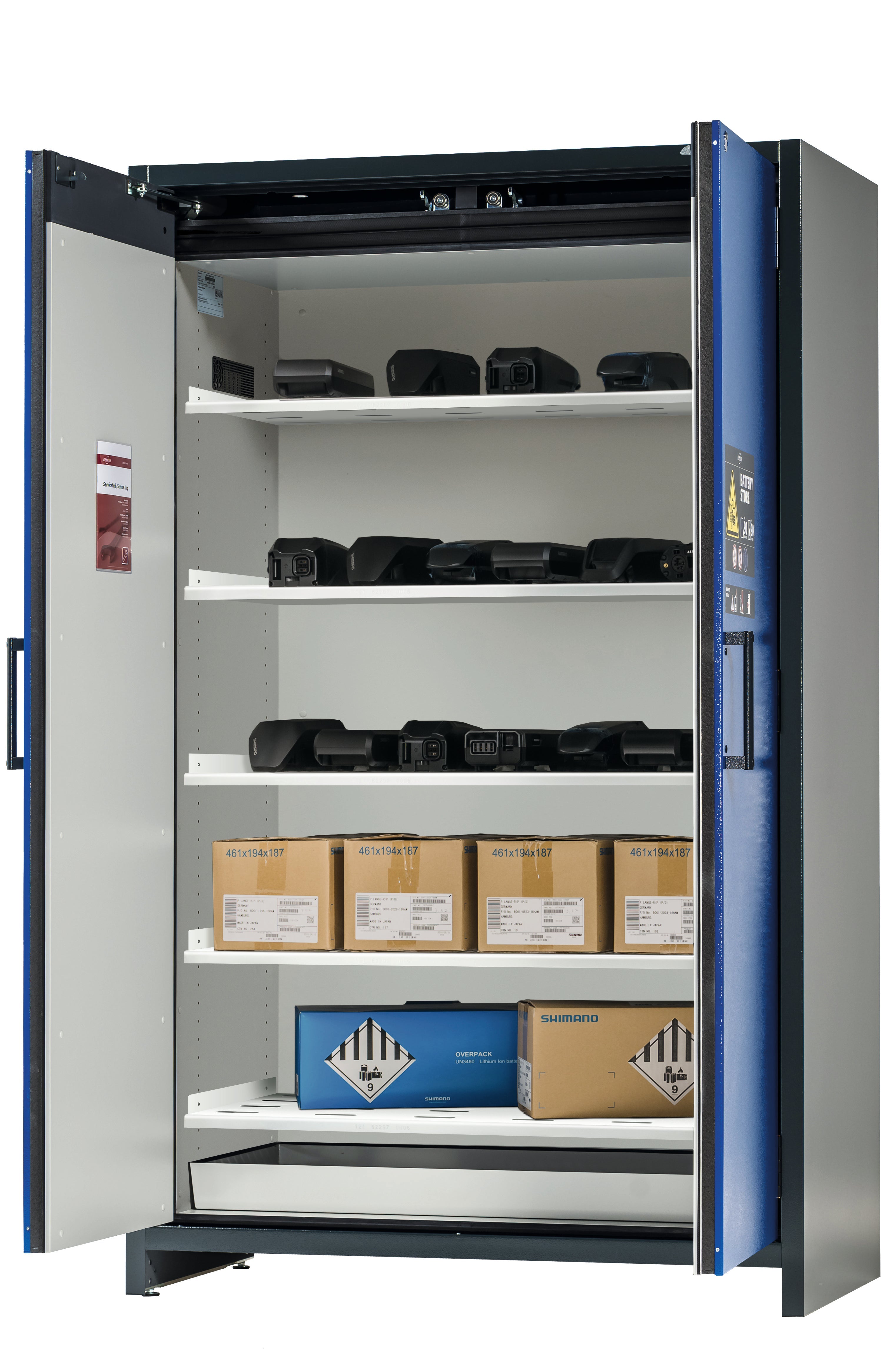 Type 90 BATTERY STORE storage cabinet ION-STORE-90 model IO90.195.120.K1.WDC in gentian blue RAL 5010 with 5x perforated shelves (sheet steel)