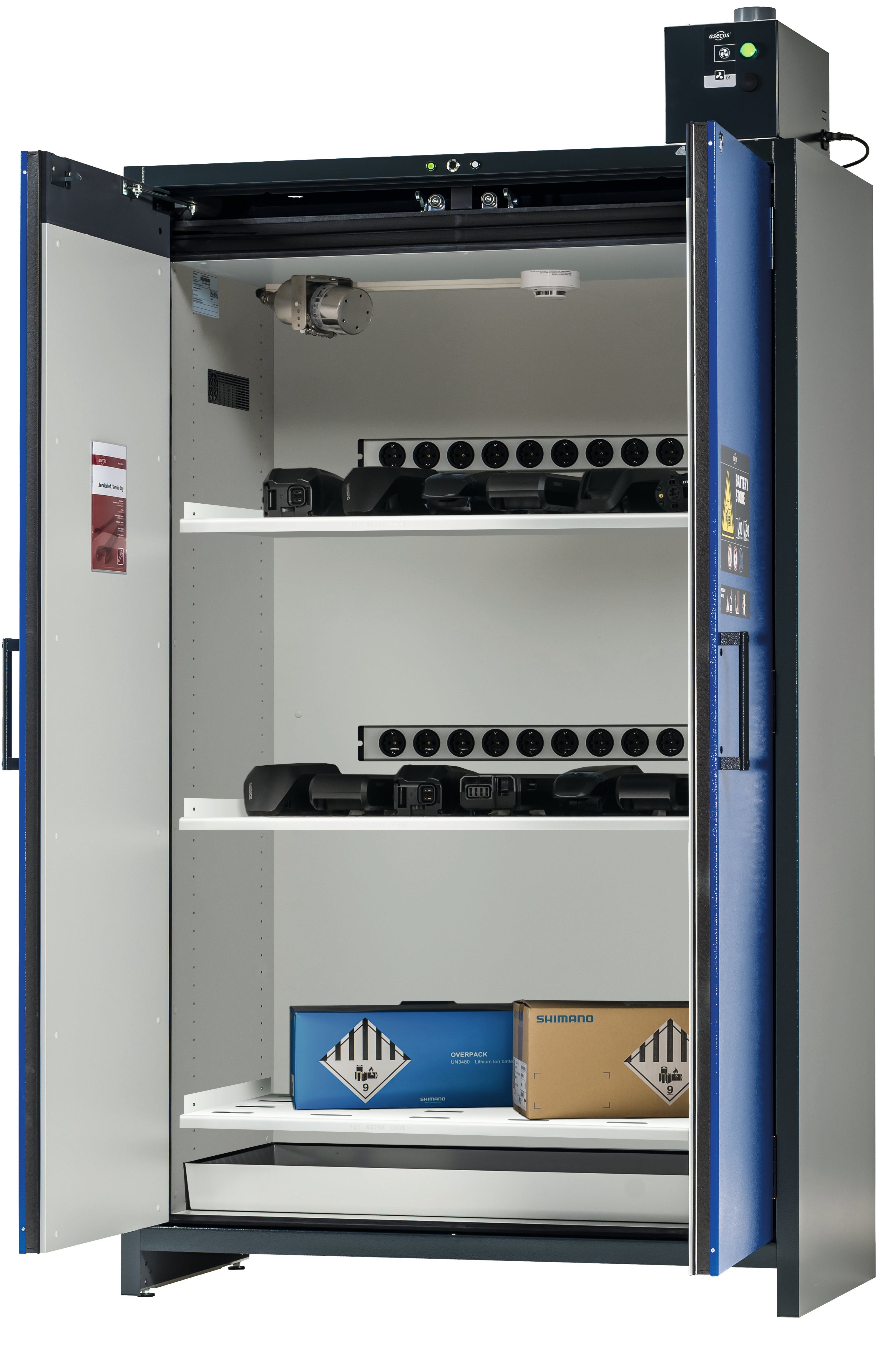 Type 90 BATTERY CHARGE PRO charging cabinet ION-STORE-90 model IO90.195.120.K3.WDC in gentian blue RAL 5010 with 3x perforated shelves (sheet steel)