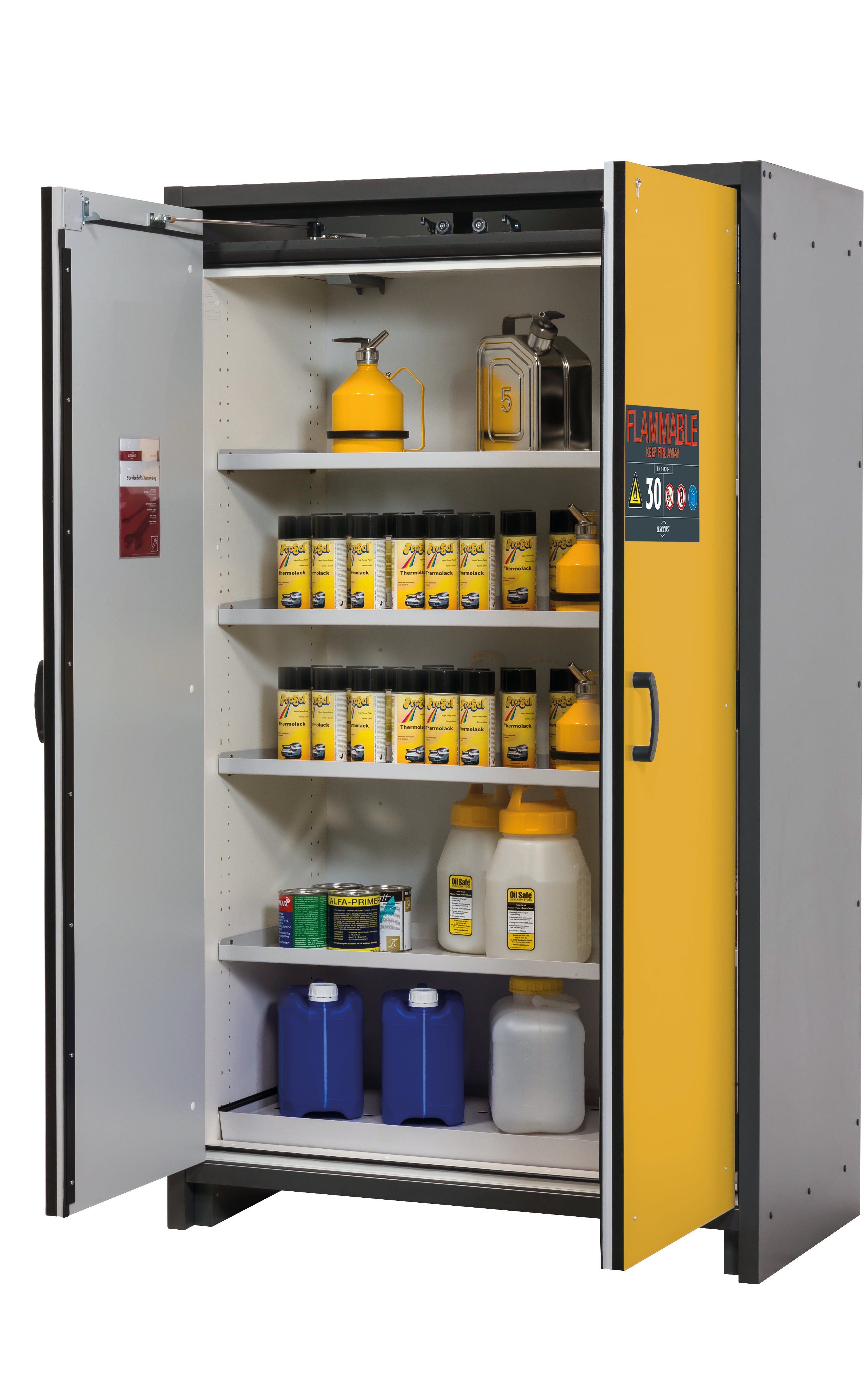 Typ 30 Sicherheitsschrank Q-CLASSIC-30 Modell Q30.195.116.FU.WDAS in sicherheitsgelb RAL 1004 mit 4x Fachboden Standard (Stahlblech)