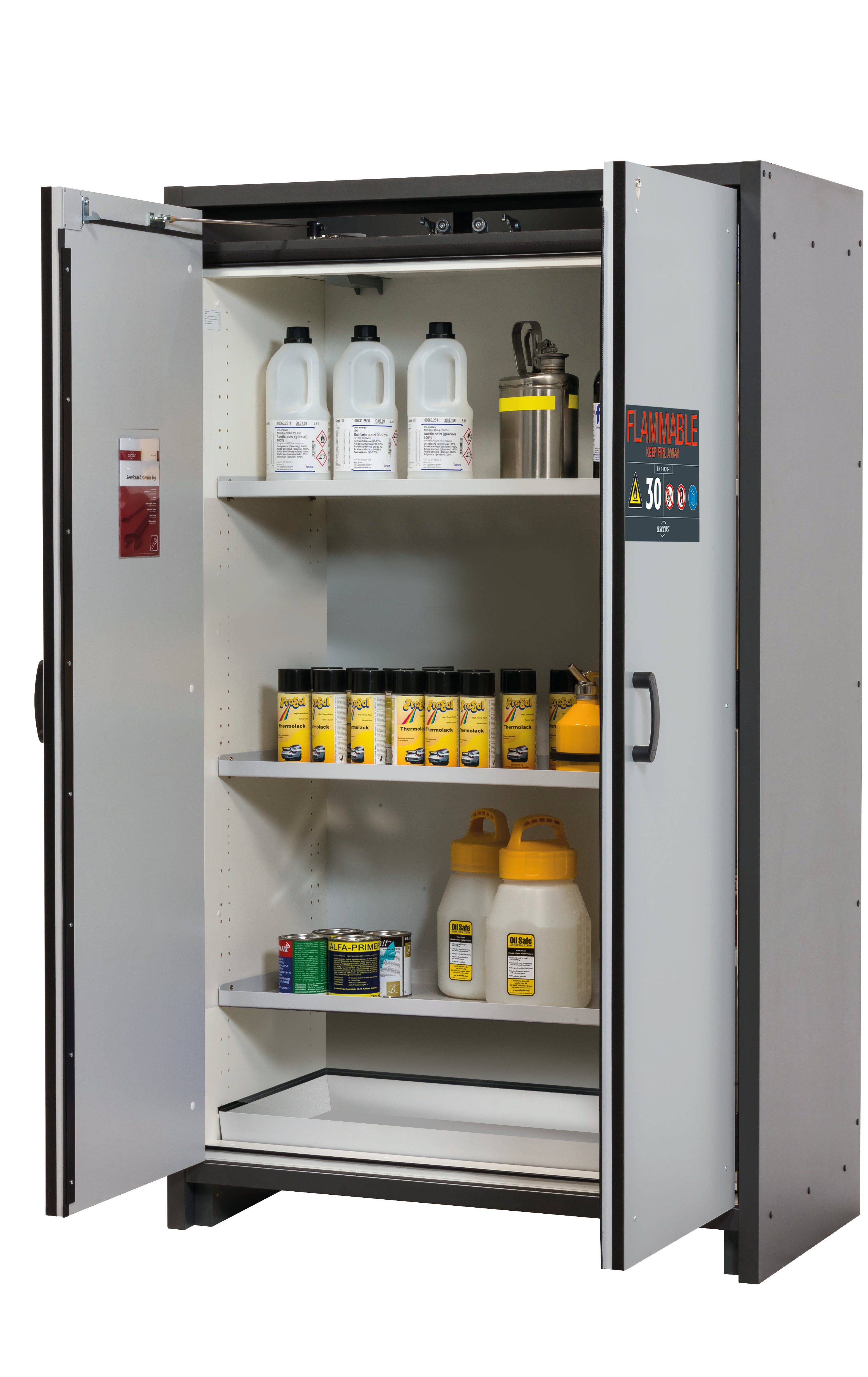 Typ 30 Sicherheitsschrank Q-CLASSIC-30 Modell Q30.195.116.FU.WDAS in lichtgrau RAL 7035 mit 3x Fachboden Standard (Stahlblech)