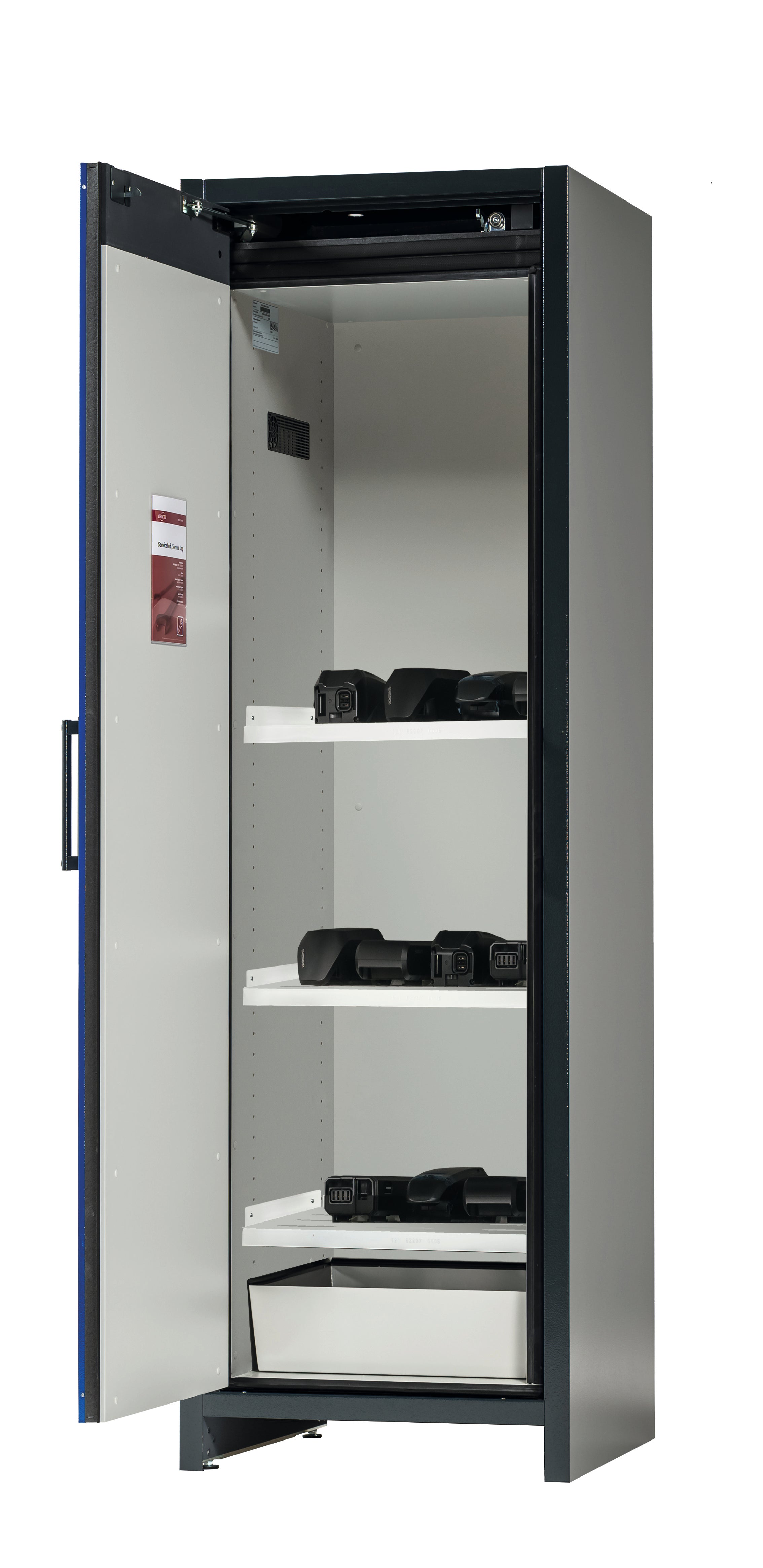 Type 90 BATTERY STORE storage cabinet ION-STORE-90 model IO90.195.060.K1.WDC in gentian blue RAL 5010 with 3x grid (sheet steel)
