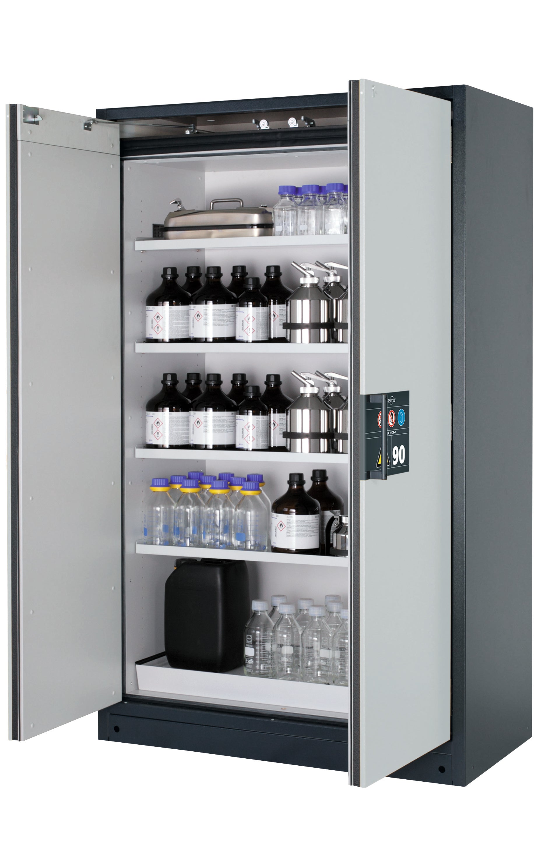 Type 90 safety storage cabinet Q-CLASSIC-90 model Q90.195.120 in light grey RAL 7035 with 4x shelf standard (sheet steel),