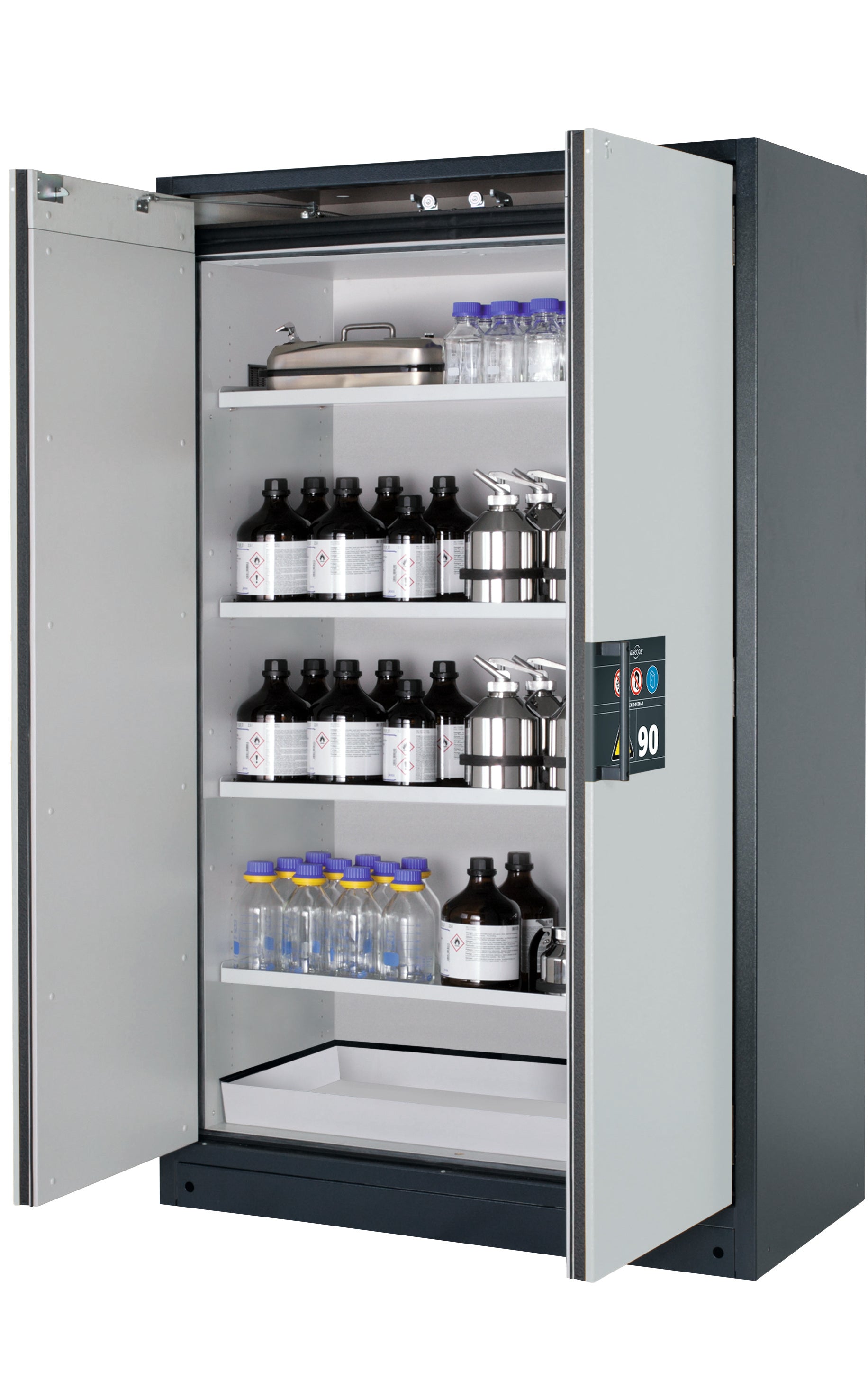 Typ 90 Sicherheitsschrank Q-CLASSIC-90 Modell Q90.195.120 in lichtgrau RAL 7035 mit 4x Fachboden Standard (Stahlblech)