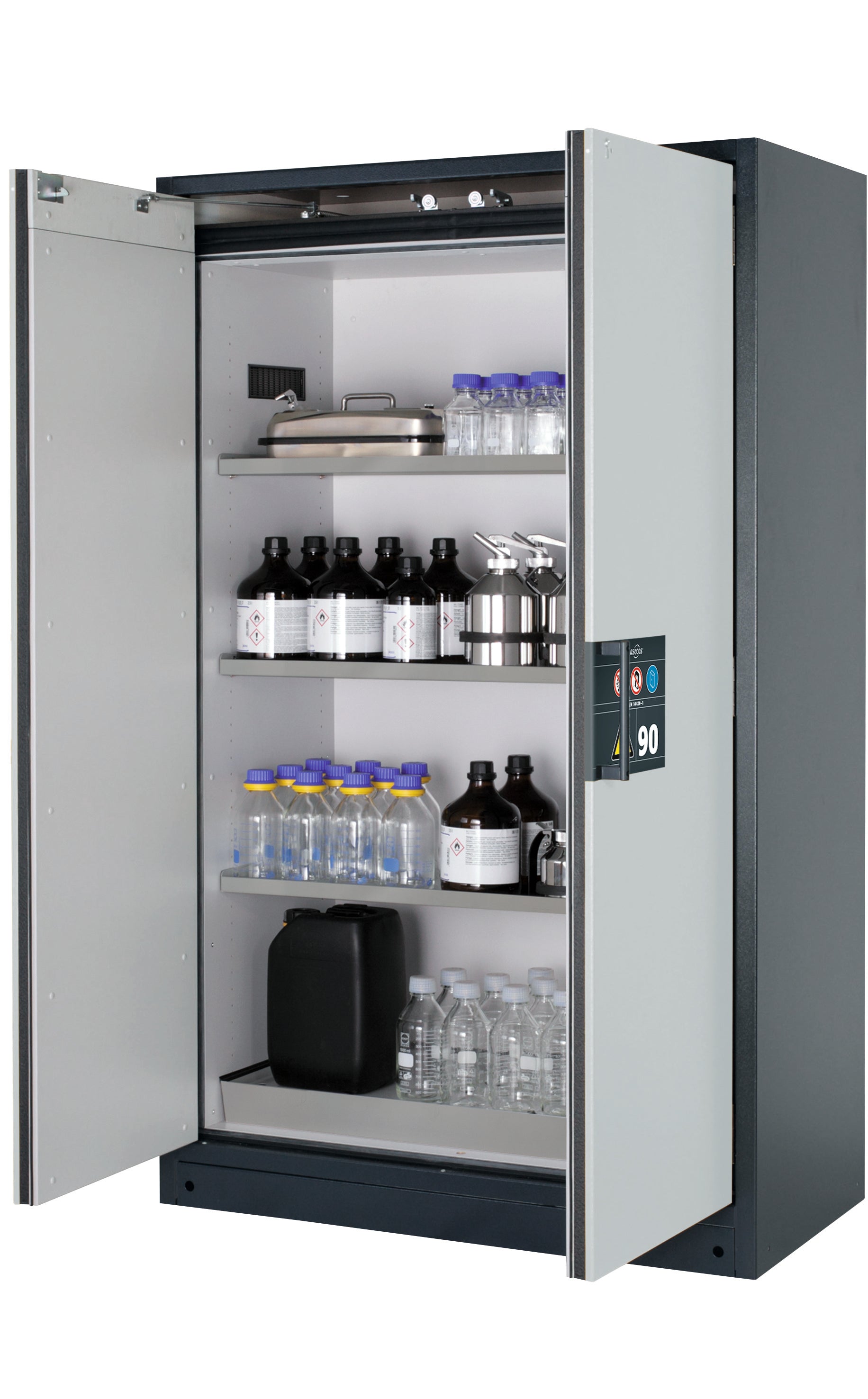 Typ 90 Sicherheitsschrank Q-CLASSIC-90 Modell Q90.195.120 in lichtgrau RAL 7035 mit 3x Fachboden Standard (Edelstahl 1.4301)