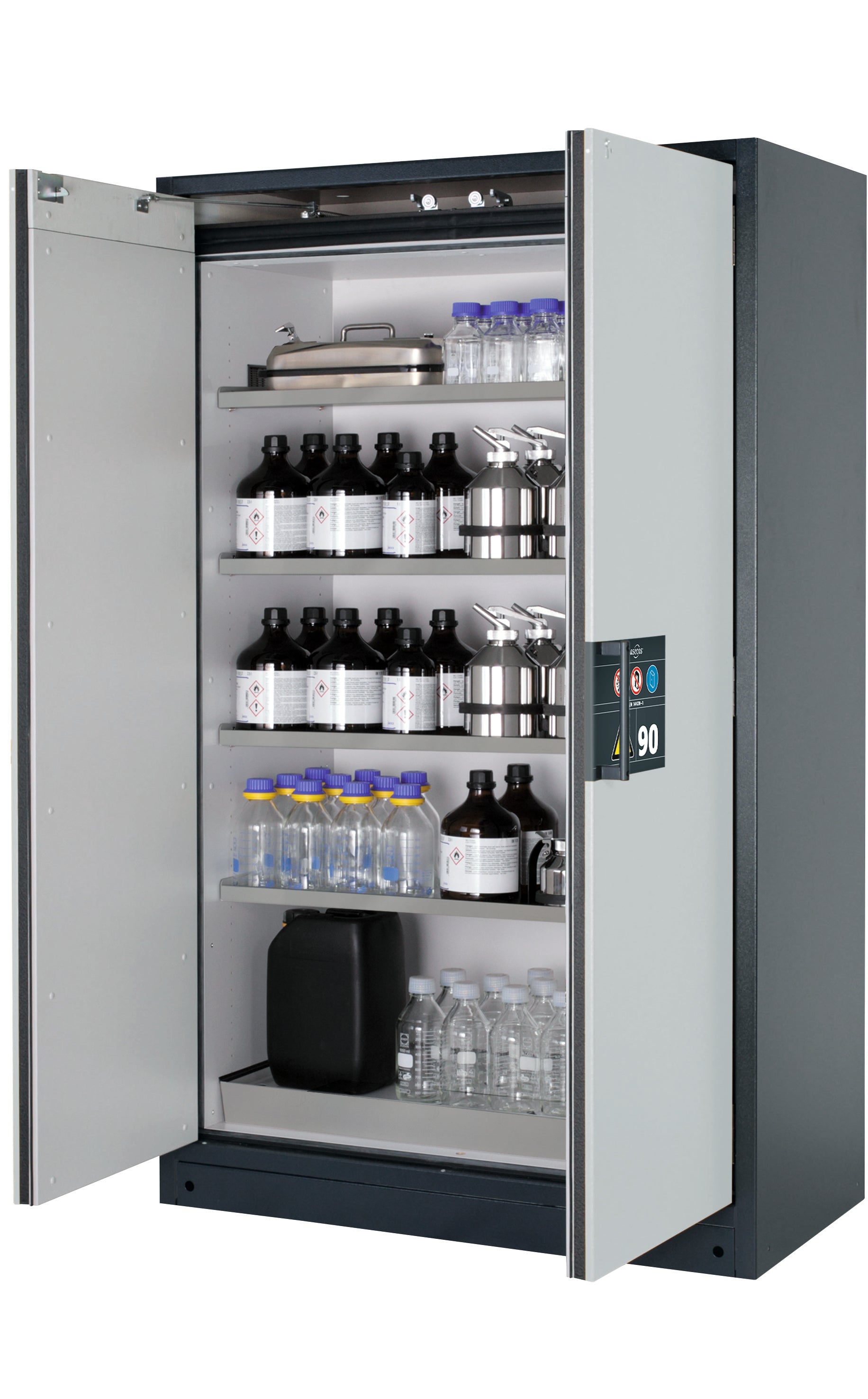 Type 90 safety storage cabinet Q-CLASSIC-90 model Q90.195.120 in light grey RAL 7035 with 4x shelf standard (stainless steel 1.4301),