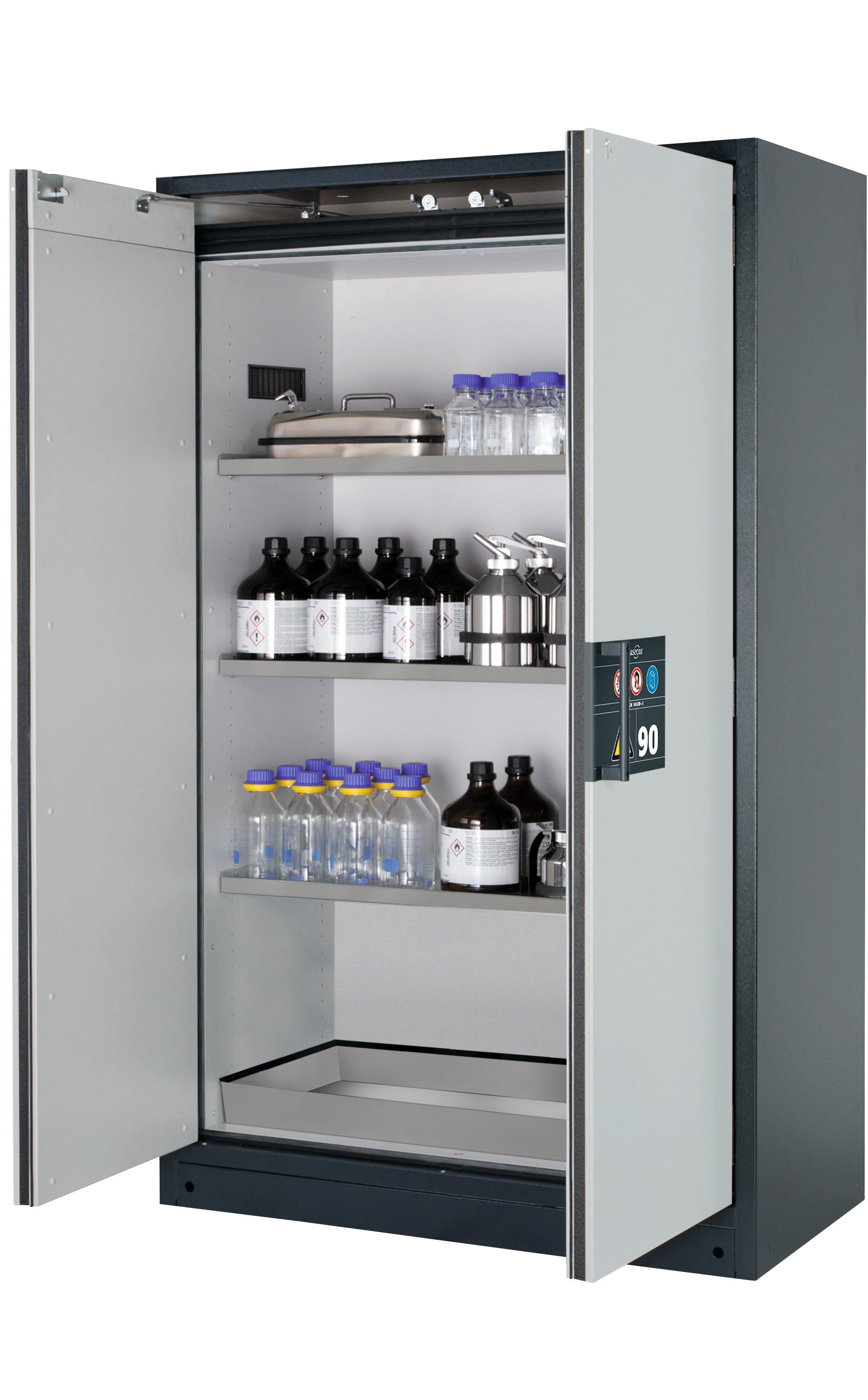 Type 90 safety storage cabinet Q-CLASSIC-90 model Q90.195.120 in light grey RAL 7035 with 3x shelf standard (stainless steel 1.4301),