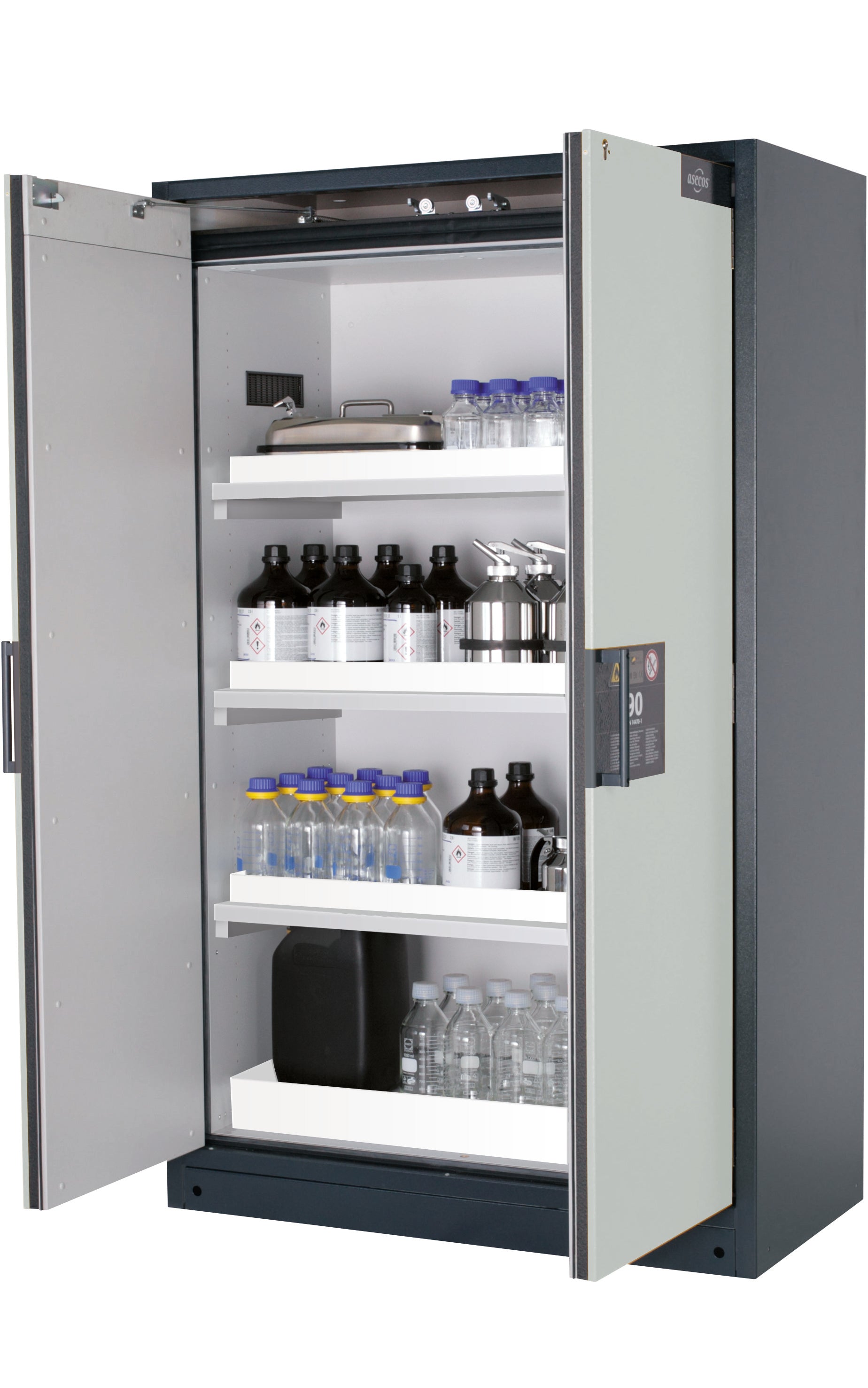 Type 90 safety storage cabinet Q-CLASSIC-90 model Q90.195.120 in light grey RAL 7035 with 3x tray shelf (standard) (polypropylene),