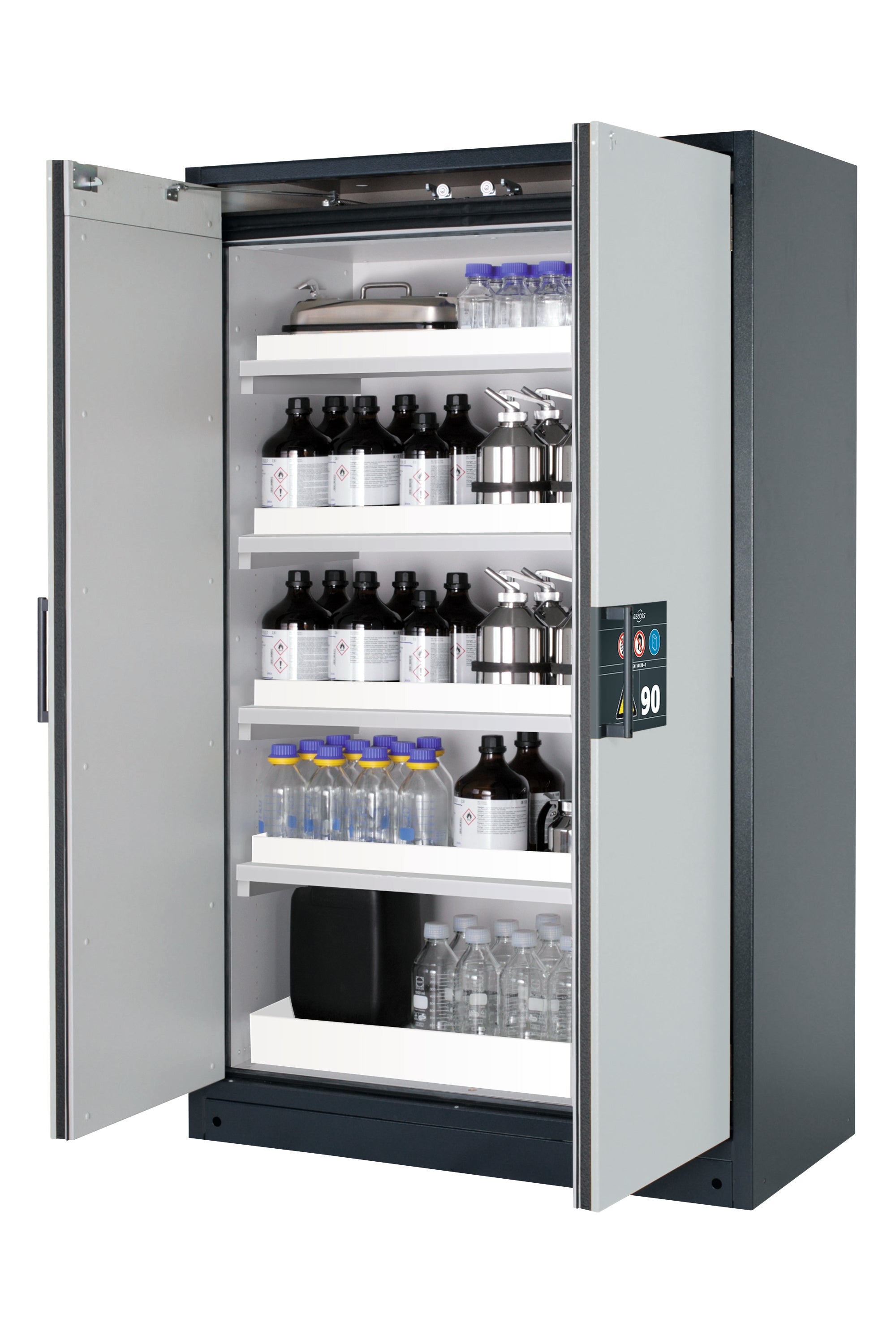 Typ 90 Sicherheitsschrank Q-CLASSIC-90 Modell Q90.195.120 in lichtgrau RAL 7035 mit 4x Wannenboden Standard (Polypropylen)