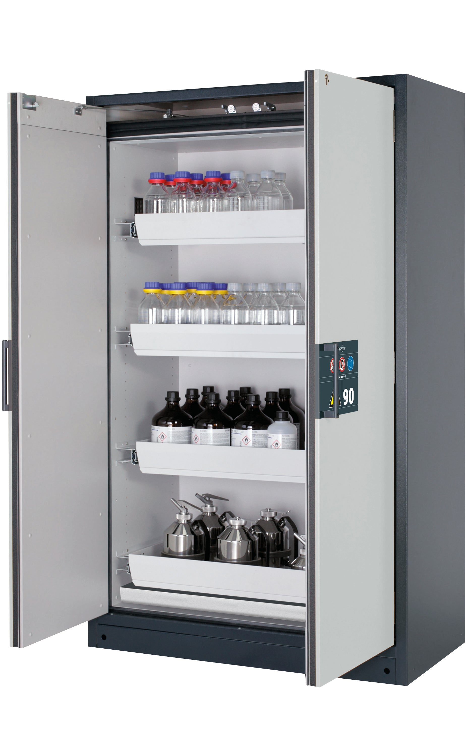 Type 90 safety storage cabinet Q-CLASSIC-90 model Q90.195.120 in light grey RAL 7035 with 4x drawer (standard) (sheet steel),