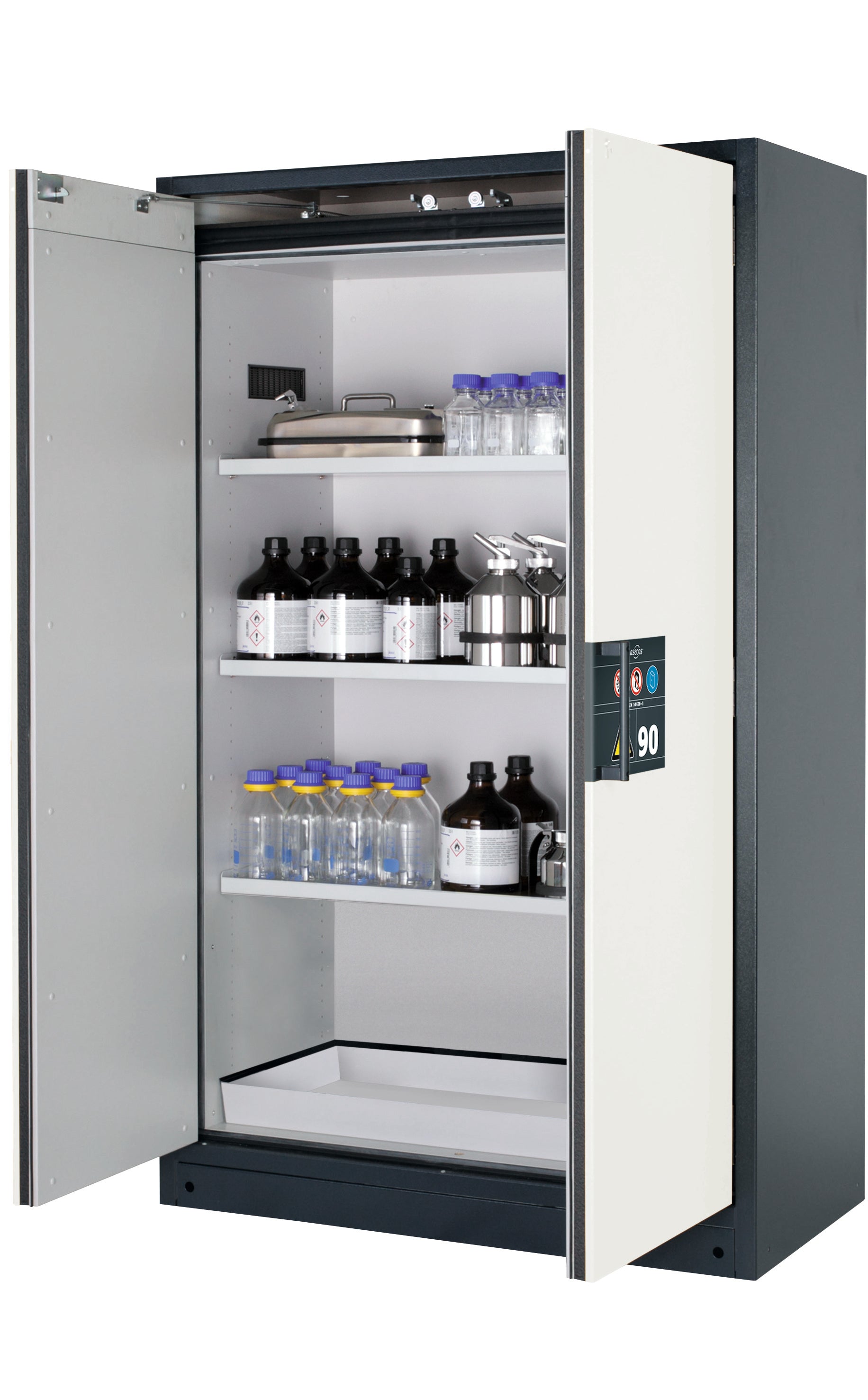 Type 90 safety storage cabinet Q-CLASSIC-90 model Q90.195.120 in pure white RAL 9010 with 3x shelf standard (sheet steel),