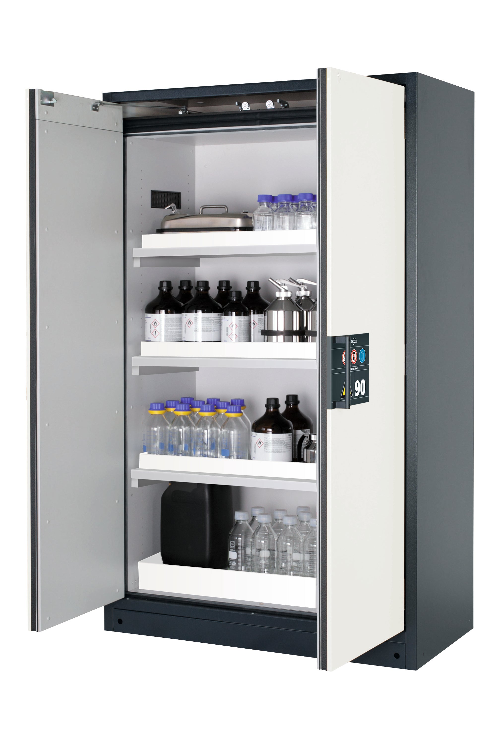 Type 90 safety storage cabinet Q-CLASSIC-90 model Q90.195.120 in pure white RAL 9010 with 3x tray shelf (standard) (polypropylene),