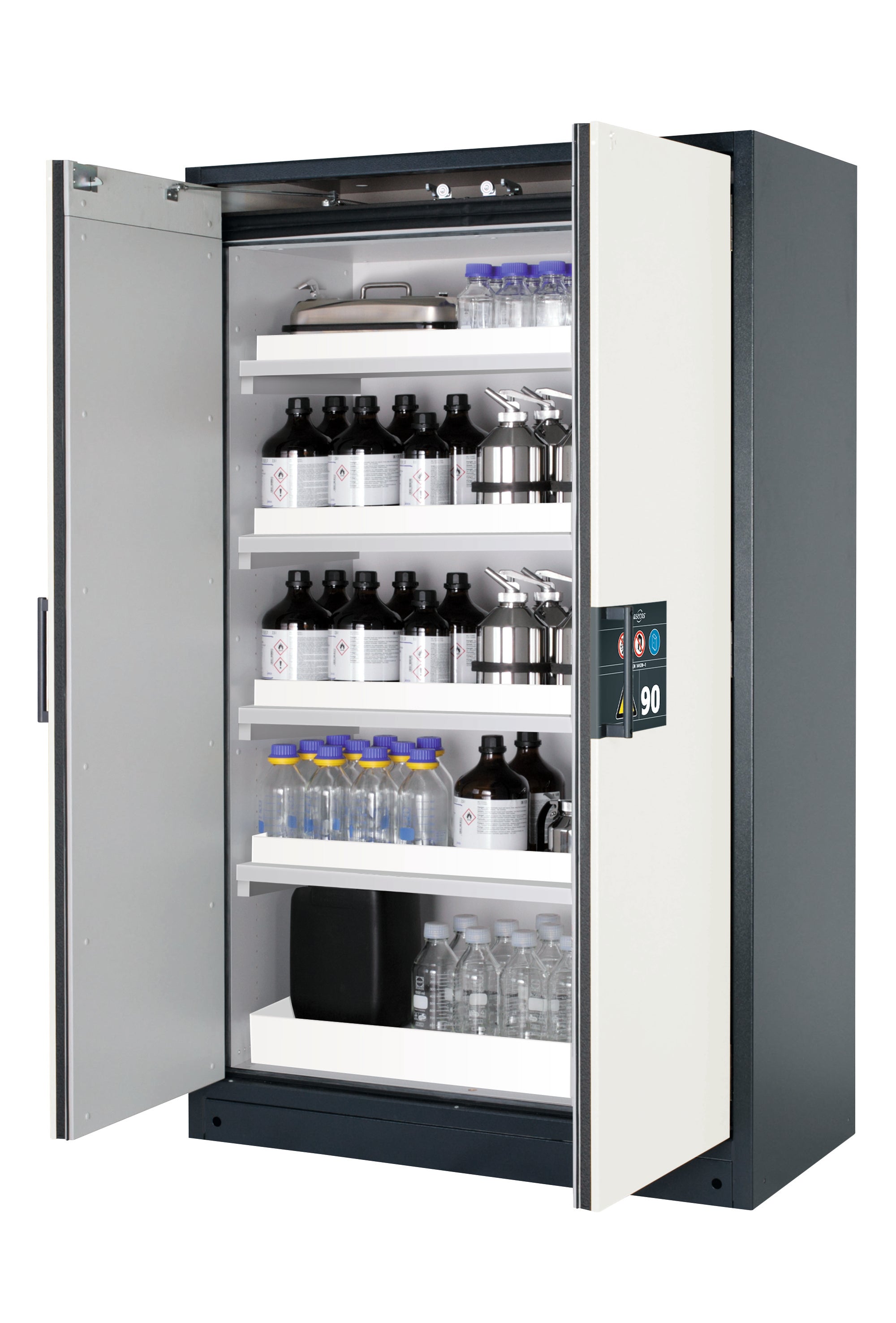 Type 90 safety storage cabinet Q-CLASSIC-90 model Q90.195.120 in pure white RAL 9010 with 4x tray shelf (standard) (polypropylene),