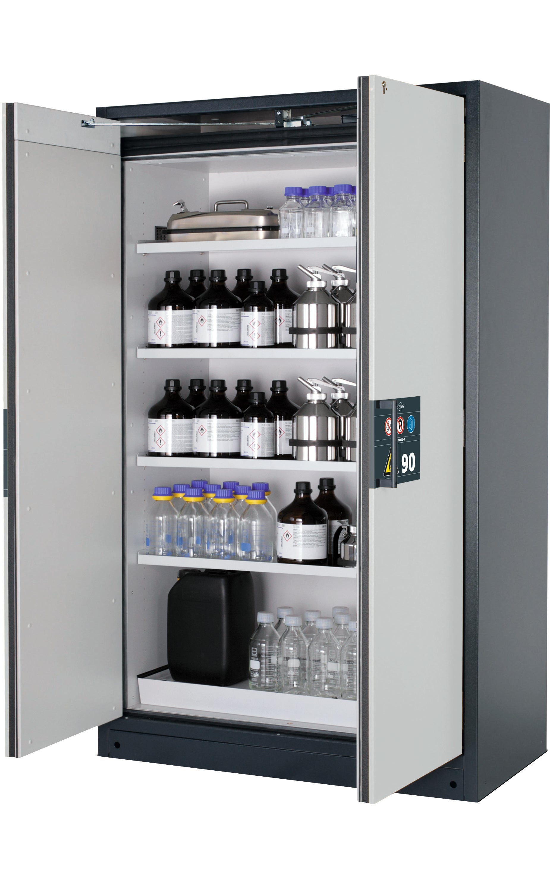 Type 90 safety storage cabinet Q-PEGASUS-90 model Q90.195.120.WDAC in light grey RAL 7035 with 4x shelf standard (sheet steel),