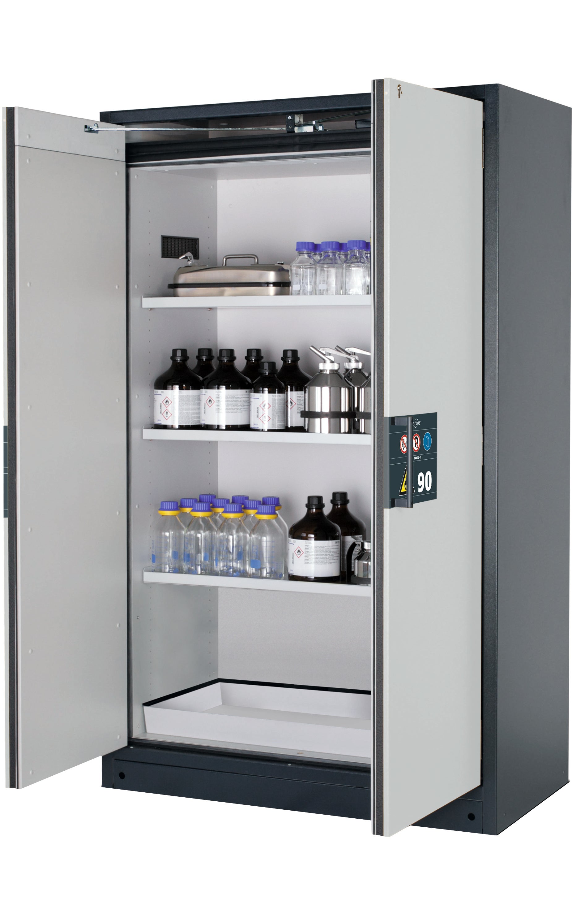 Typ 90 Sicherheitsschrank Q-PEGASUS-90 Modell Q90.195.120.WDAC in lichtgrau RAL 7035 mit 3x Fachboden Standard (Stahlblech)