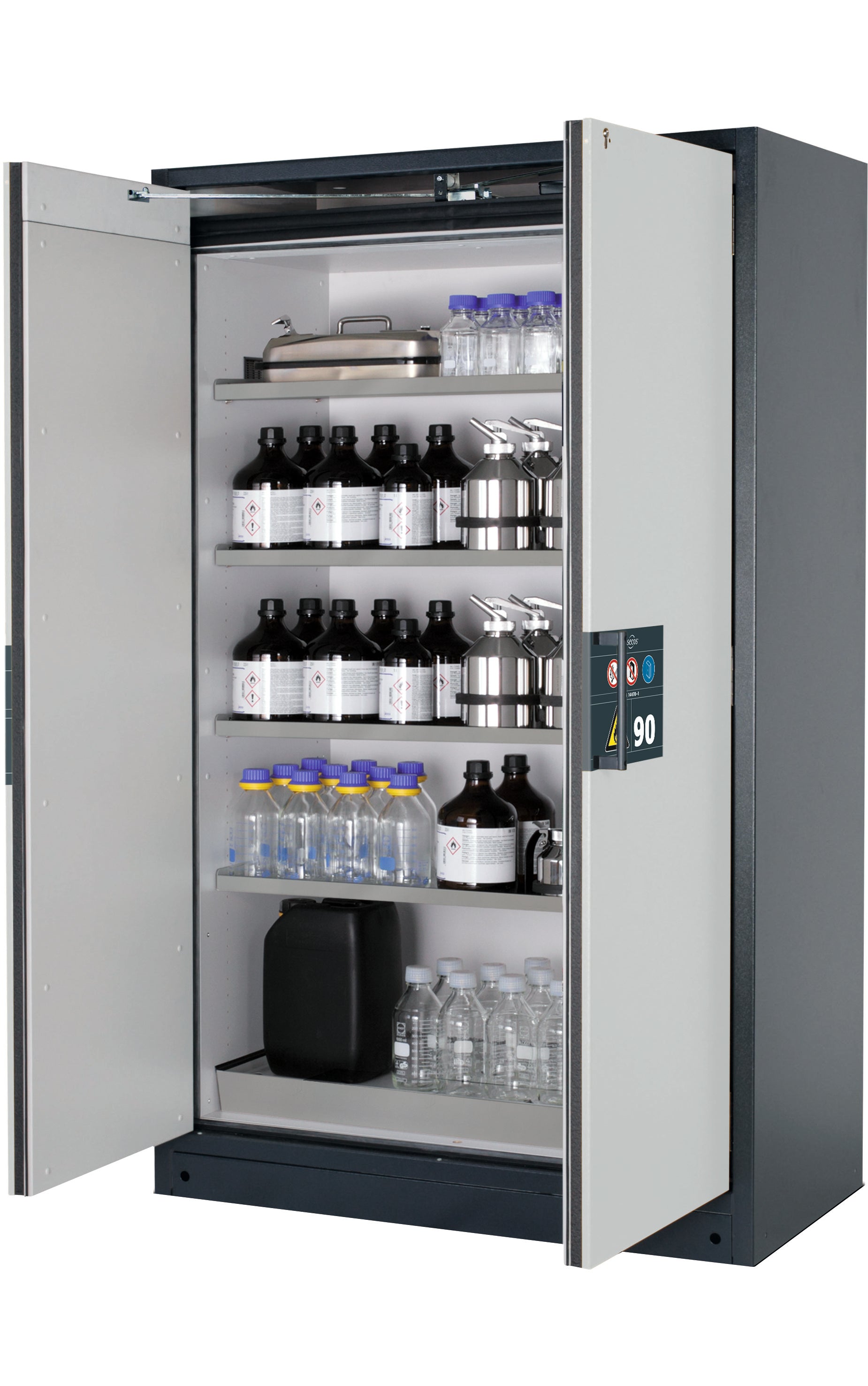 Typ 90 Sicherheitsschrank Q-PEGASUS-90 Modell Q90.195.120.WDAC in lichtgrau RAL 7035 mit 4x Fachboden Standard (Edelstahl 1.4301)