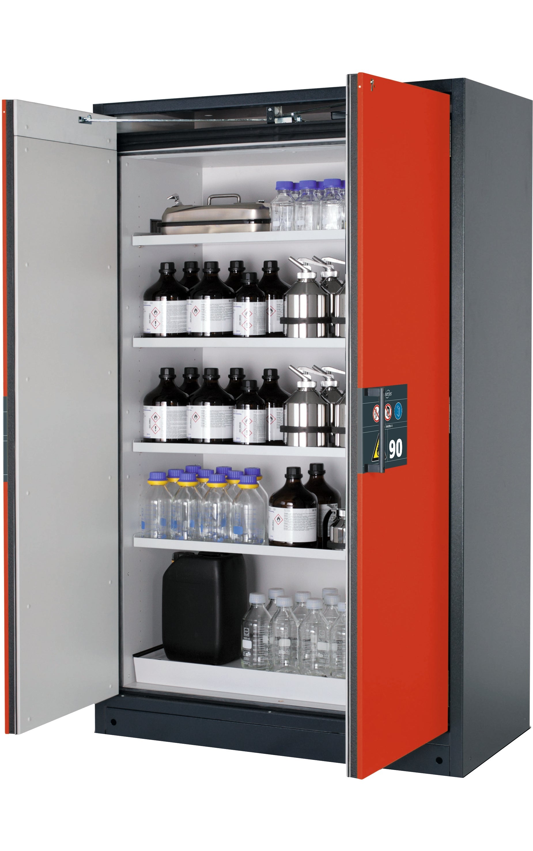 Type 90 Armoires de sécurité Q-PEGASUS modèle Q90.195.120.WDAC en rouge trafic RAL 3020 avec 4x étagères standard (tôle d'acier)