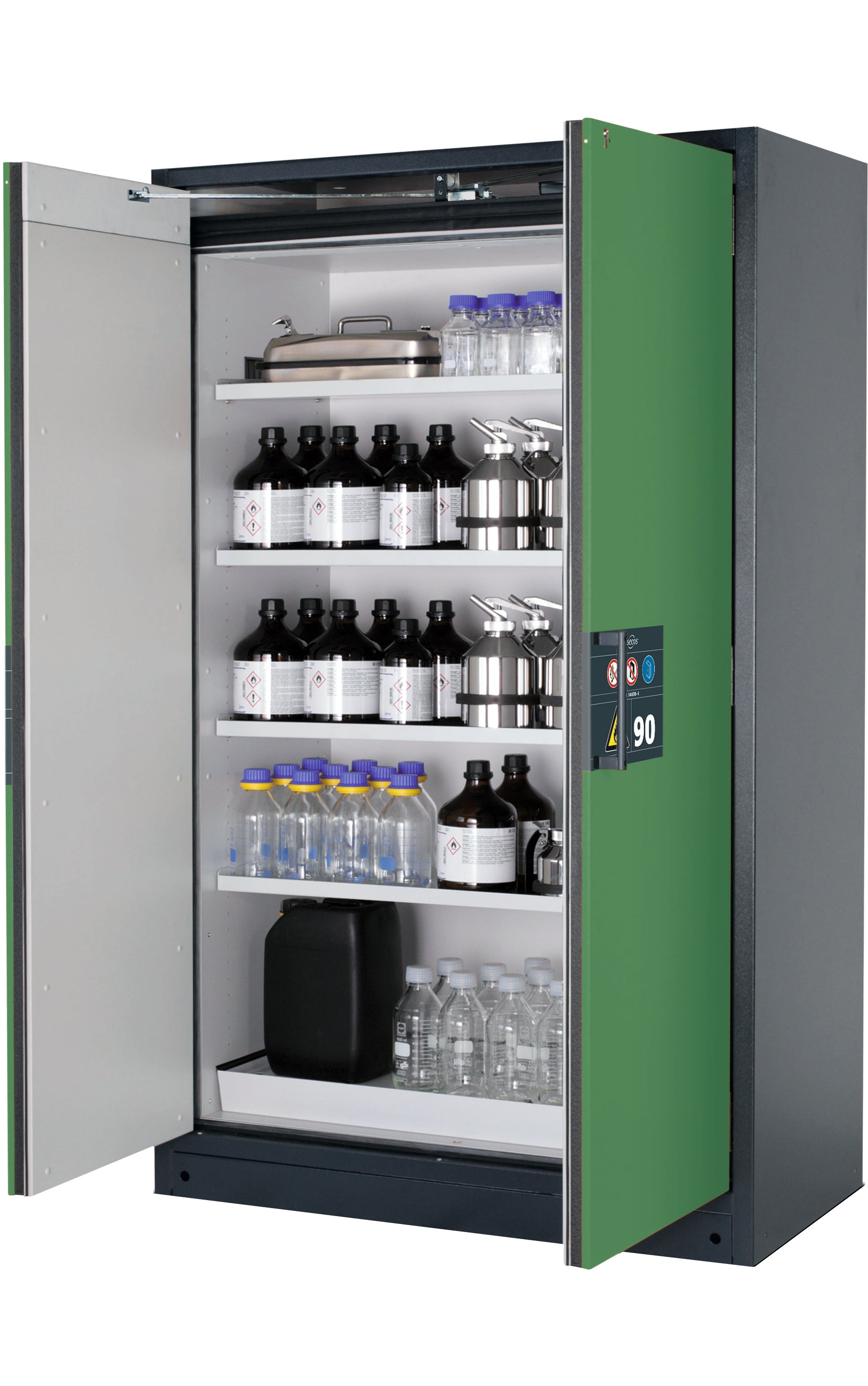 Type 90 Armoires de sécurité Q-PEGASUS modèle Q90.195.120.WDAC en vert réséda RAL 6011 avec 4x étagères standard (tôle d'acier)