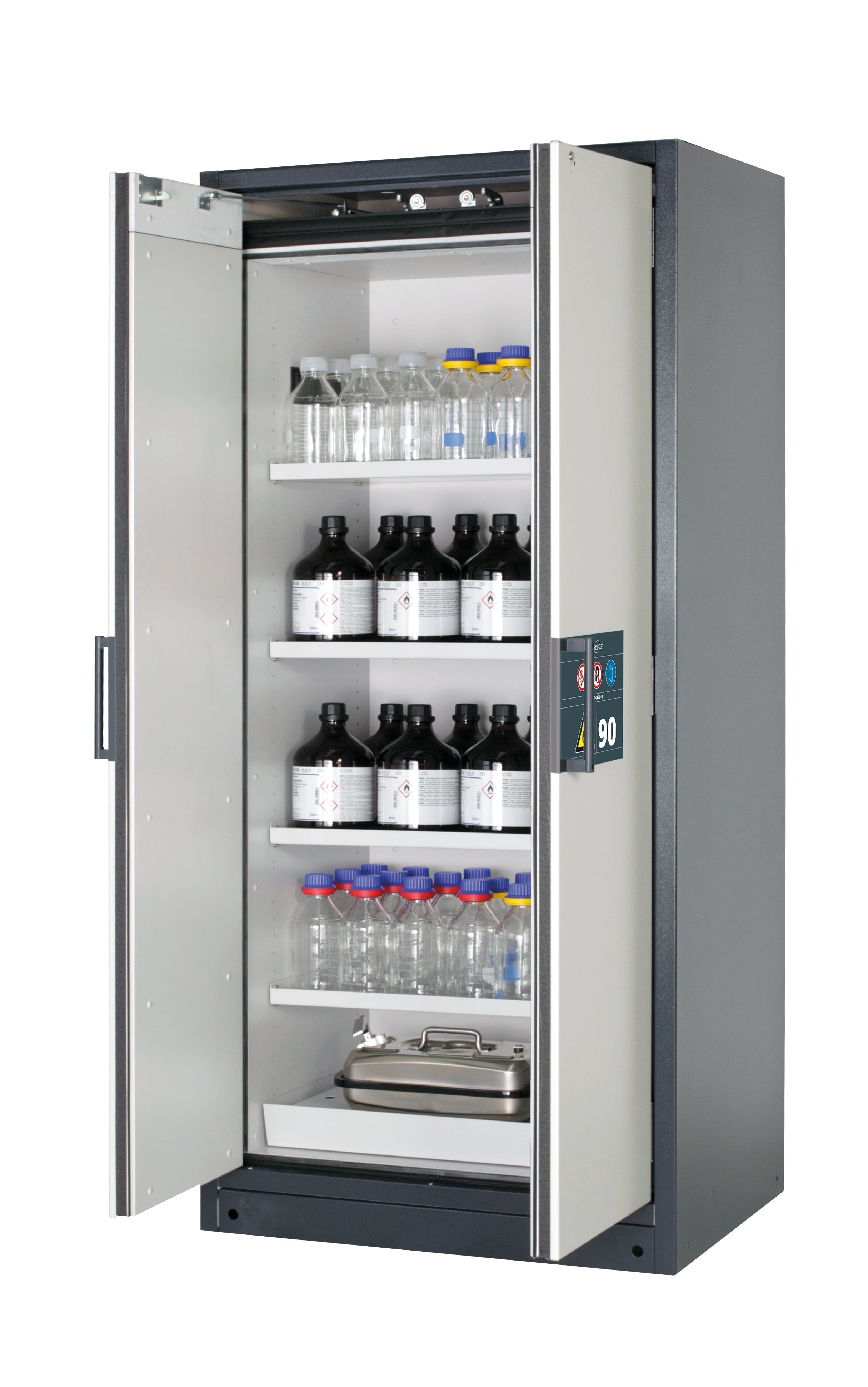 Type 90 safety storage cabinet Q-CLASSIC-90 model Q90.195.090 in light grey RAL 7035 with 4x shelf standard (sheet steel),