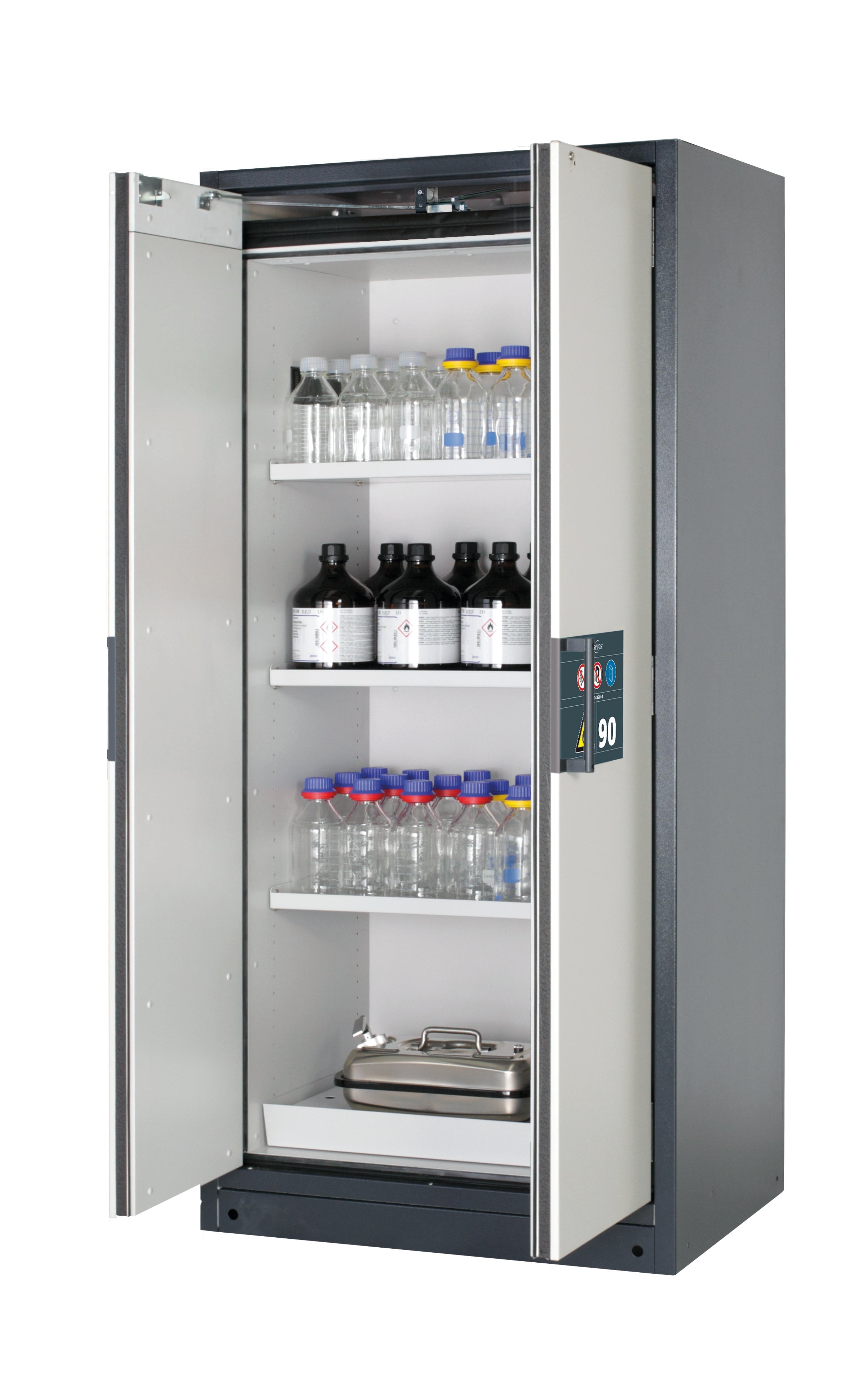 Type 90 safety storage cabinet Q-PEGASUS-90 model Q90.195.090.WDAC in light grey RAL 7035 with 3x shelf standard (sheet steel),