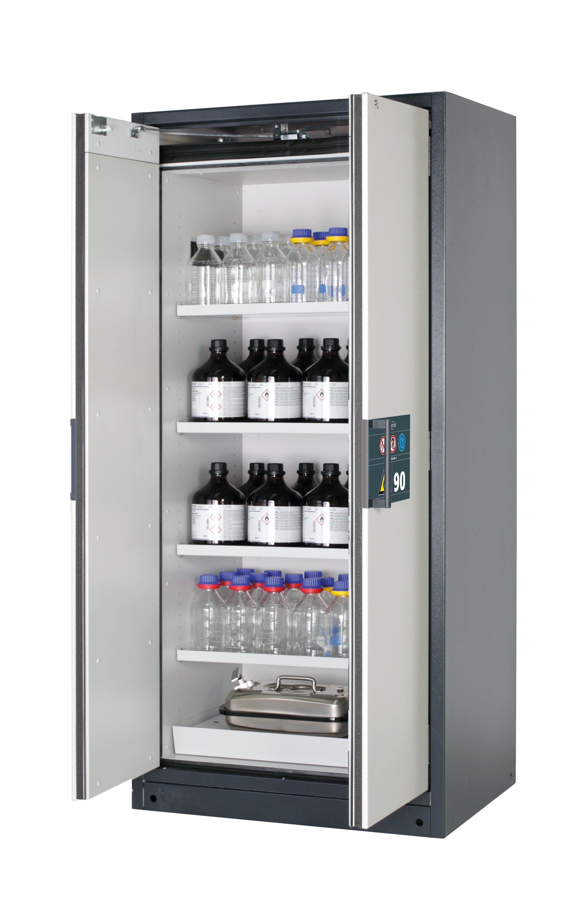 Type 90 safety storage cabinet Q-PEGASUS-90 model Q90.195.090.WDAC in light grey RAL 7035 with 4x shelf standard (sheet steel),