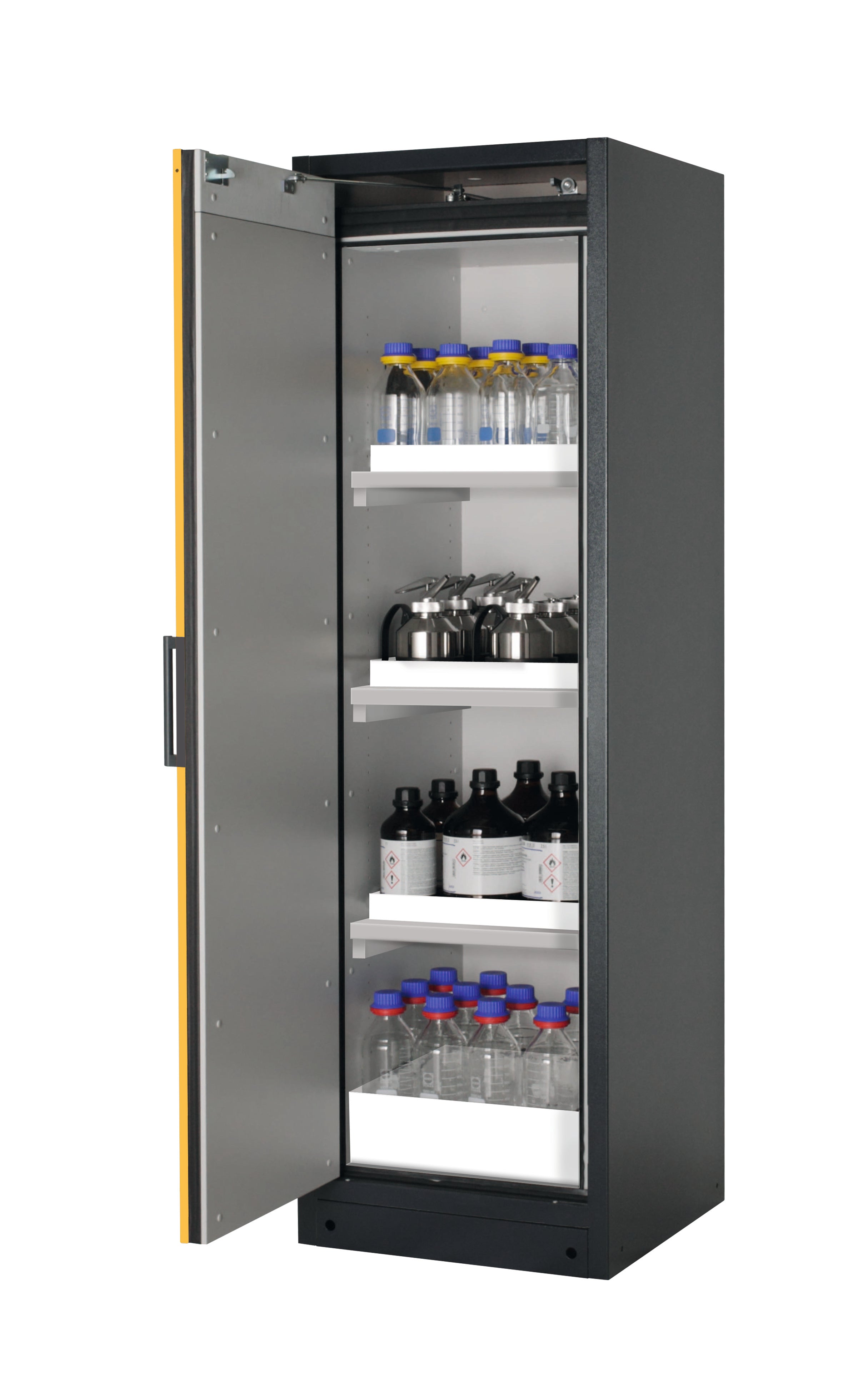 Type 90 safety storage cabinet Q-PEGASUS-90 model Q90.195.060.WDAC in warning yellow RAL 1004 with 3x tray shelf (standard) (polypropylene),