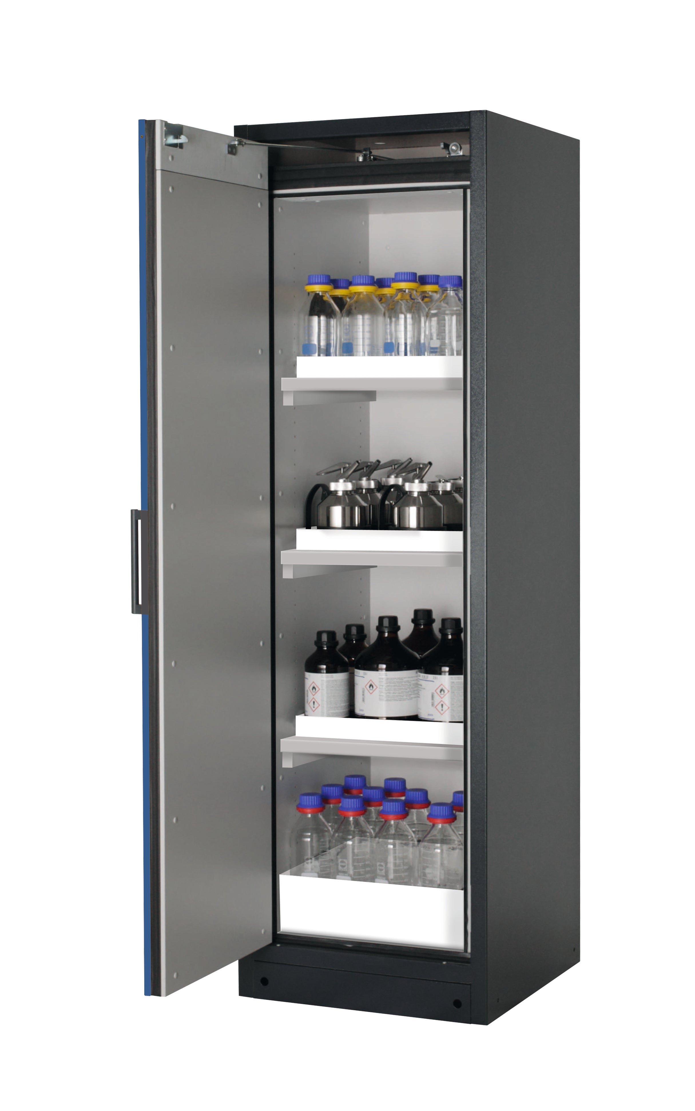Type 90 safety storage cabinet Q-CLASSIC-90 model Q90.195.060 in gentian blue RAL 5010 with 3x tray shelf (standard) (polypropylene),