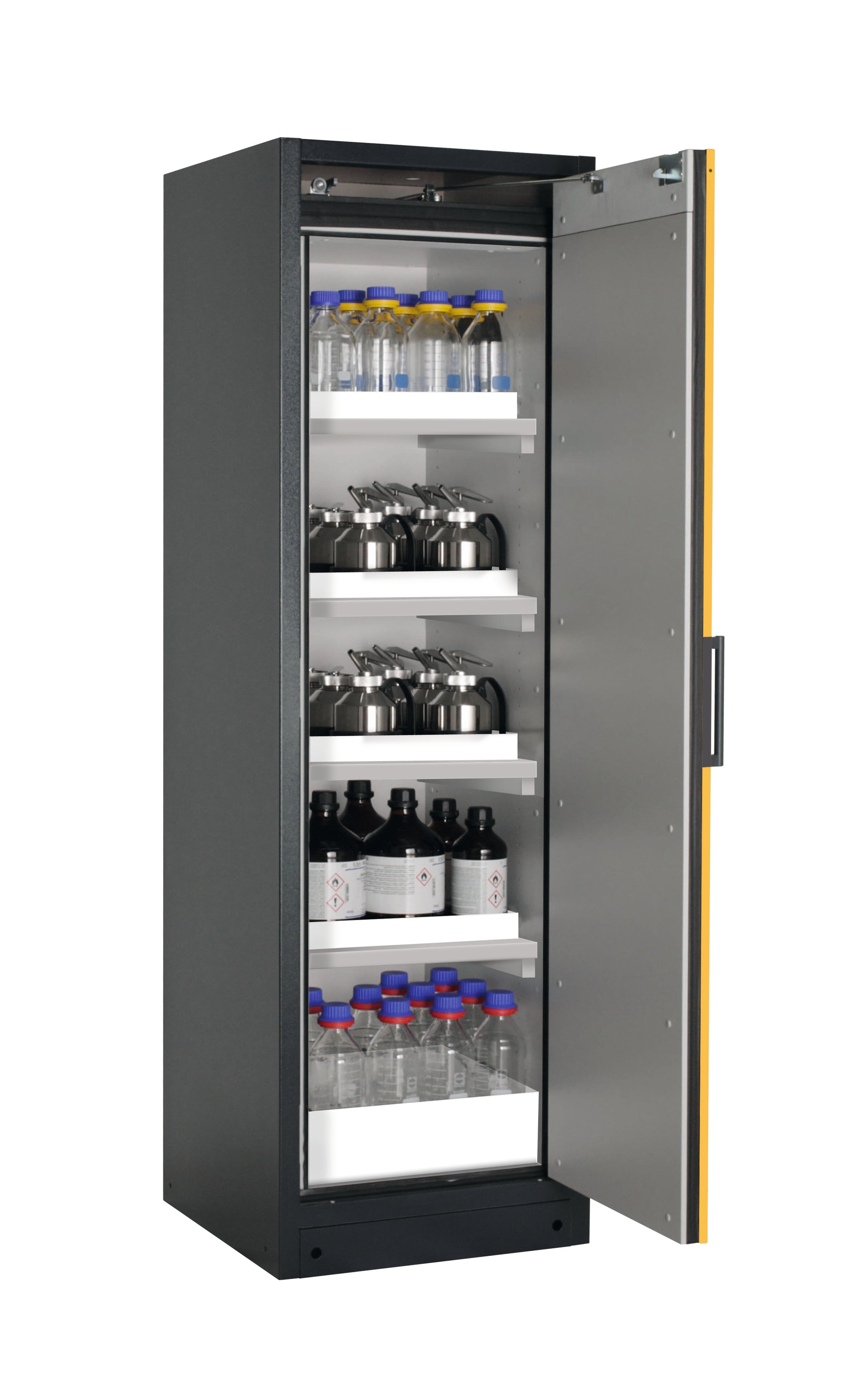 Typ 90 Sicherheitsschrank Q-PEGASUS-90 Modell Q90.195.060.WDACR in sicherheitsgelb RAL 1004 mit 4x Wannenboden Standard (Polypropylen)